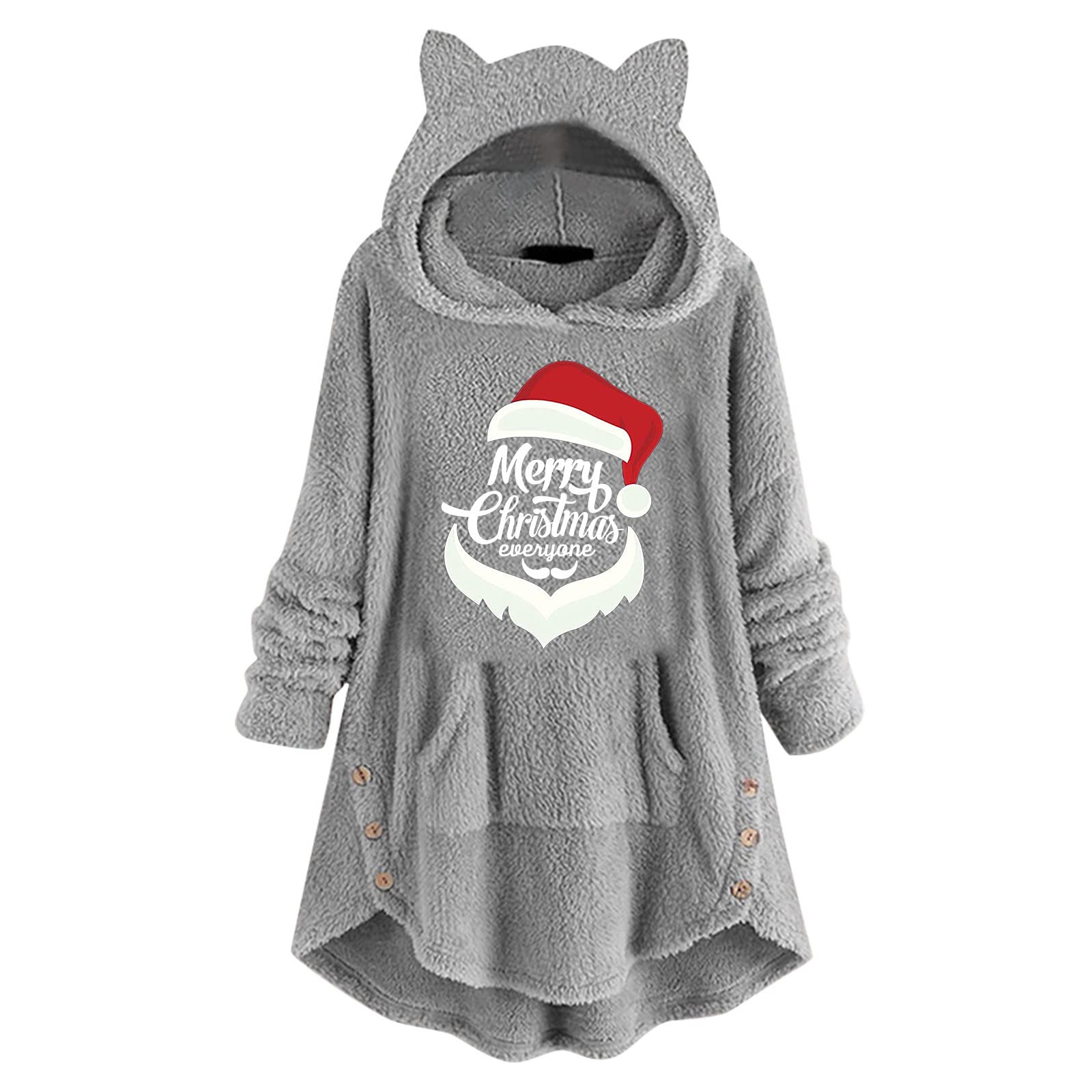 Women's Christmas Graphic Sweatshirt - Bear Ear Hooded Pullover with Buttons | Cozy Winter Jacket for Holiday Outfits & Casual Wear