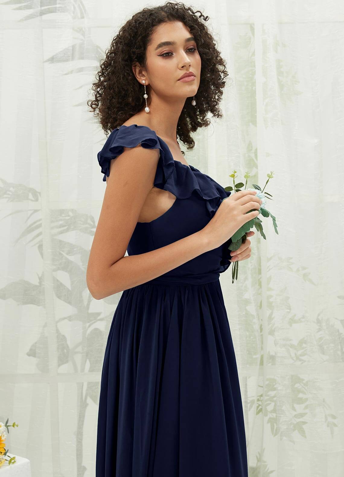 Elegant Dark Navy Chiffon Bridesmaid Dress with Ruffle Cross Straps & V-Neck Wrap Design - Perfect for Weddings, Formal Events & Special Occasions
