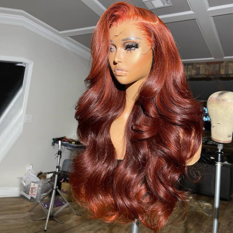 Eullair Flawless Ombre Coral Orange Copper Brown Body Wave Human Hair Wig with Lace Frontal - Sunset Copper Brown for Daily Wear, Parties & Special Occasions