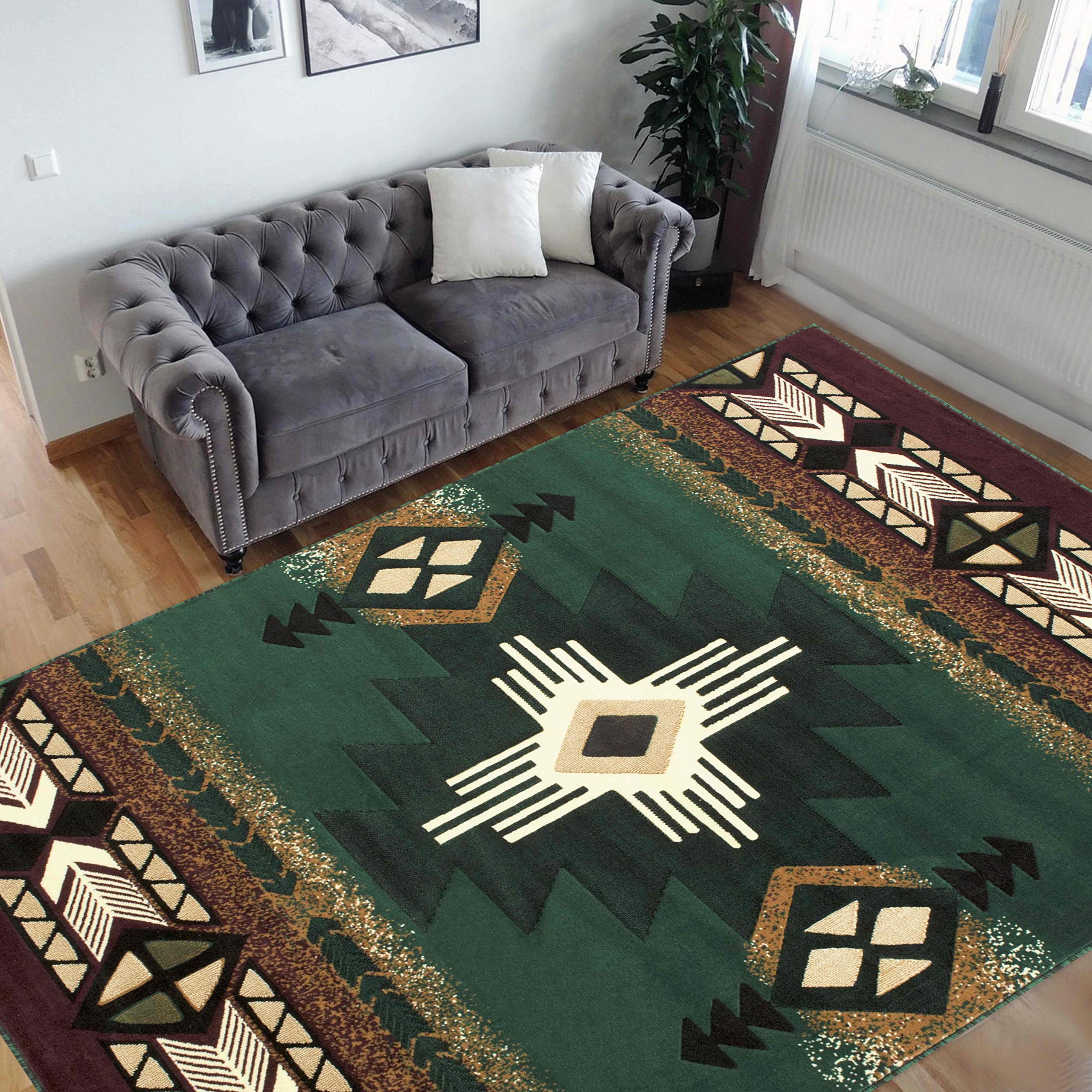 Handmade Modern Contemporary Area Rug - Hunter Green, Beige, Brown - Soft & Durable - Perfect for Cabin, Living Room, Bedroom & Office Decor
