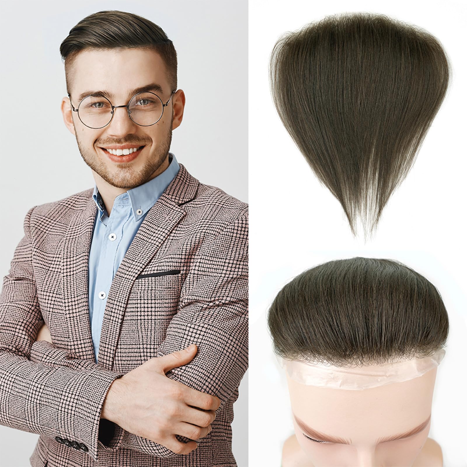 Lordhair Men's Toupee - V-Shape Natural Hairline Human Hair System (6x1.5 Inch, Medium Dark Brown #4) | Realistic Hair Replacement for Thinning Hair & Baldness | Perfect for Daily Wear, Work & Social Events