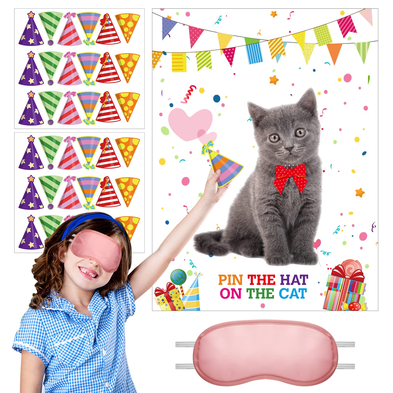 38-Piece Pin The Hat on The Cat Party Game Set - Fun Cat-Themed Birthday Party Supplies for Kids with Blindfolds & Stickers - Perfect for Birthday Parties, Family Game Nights & Classroom Activities