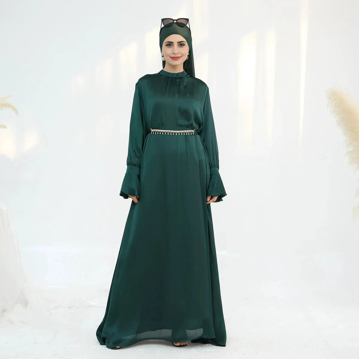 Elegant Satin Abaya Dress with Diamond Chain Belt - Modest Islamic Fashion for Women | Perfect for Prayer, Eid, Wedding & Special Occasions