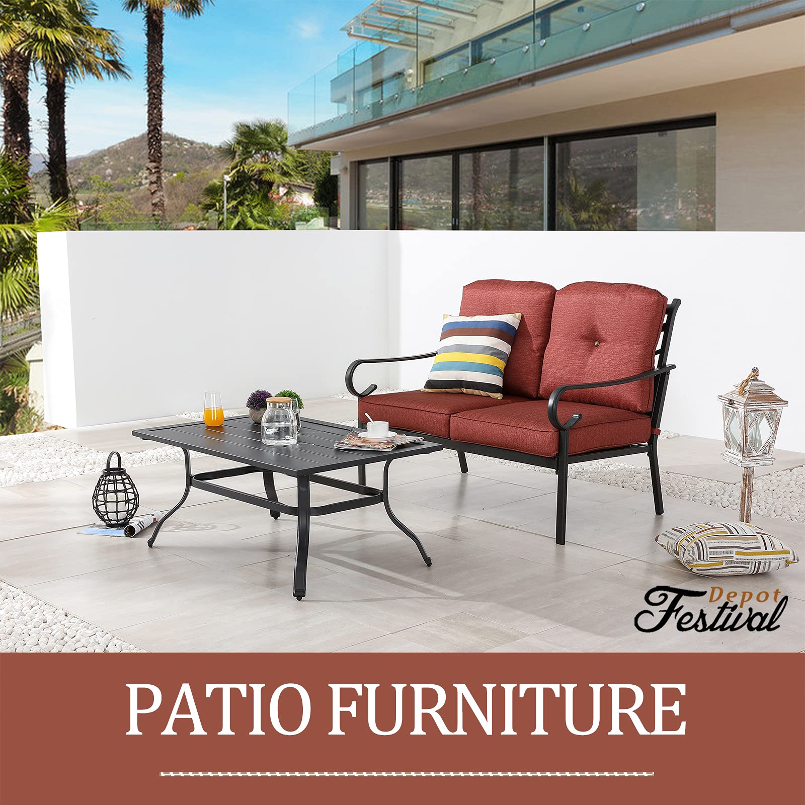 Festival Depot 2-Piece Patio Conversation Set - Bistro Loveseat with Thick Cushions & Metal Coffee Table - Outdoor Furniture for Backyard, Porch, Balcony - Perfect for Relaxing, Entertaining & Outdoor Dining (Red)
