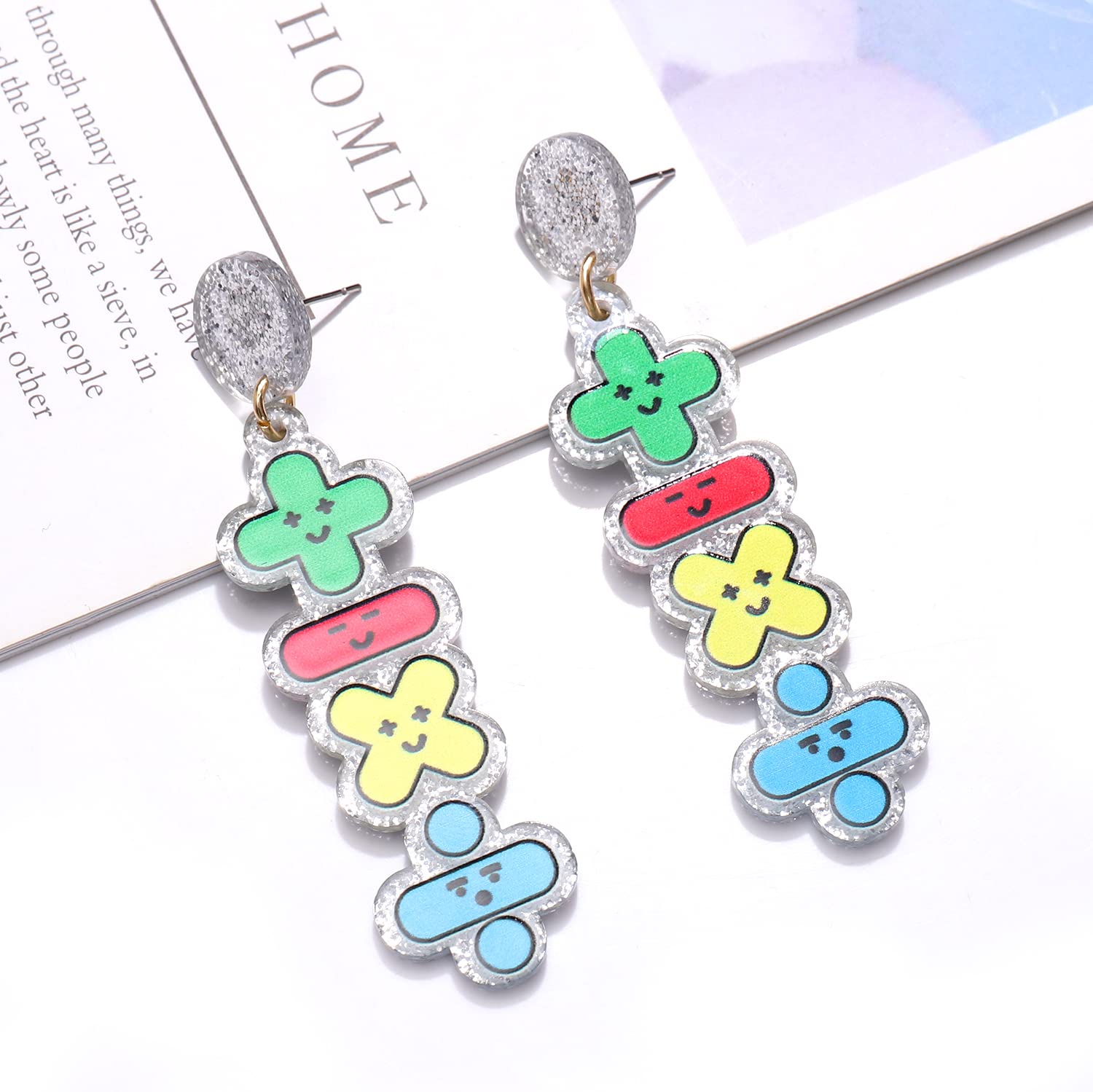 Funny Teacher Earrings for Women - Colorful Acrylic Apple & Books Drop Dangle Earrings - Cute Math Teacher Jewelry - Perfect for Teacher Appreciation Day, Back to School Gifts & Everyday Wear