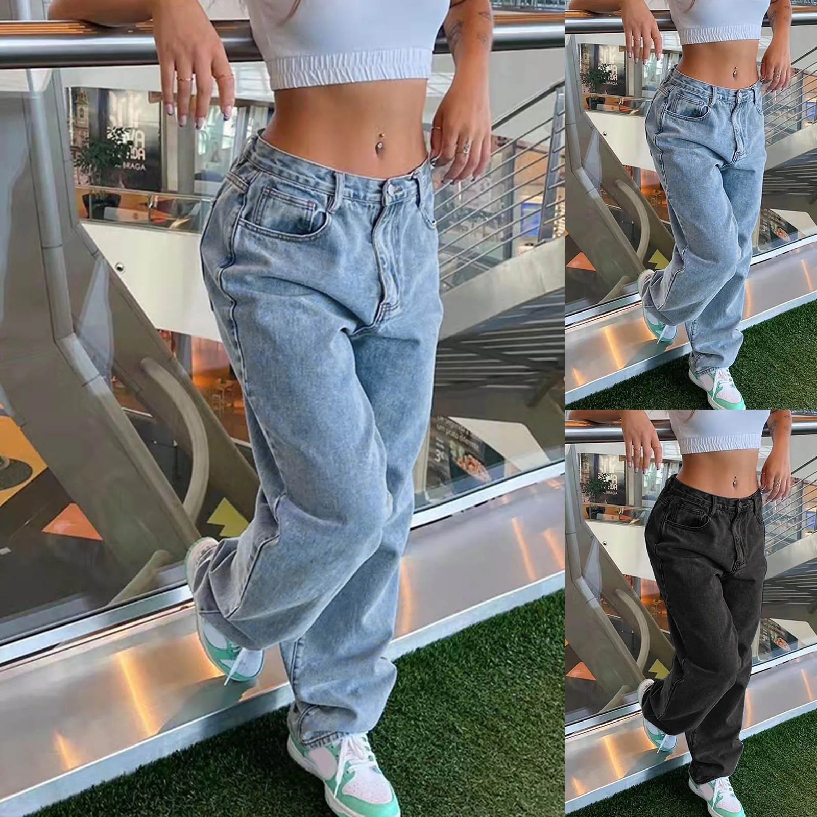 Women's Y2K Low Waist Baggy Jeans - All Season Stretch Denim Pants with Pockets | Streetwear Fashion, Casual Outfit & Retro Style for Daily Wear