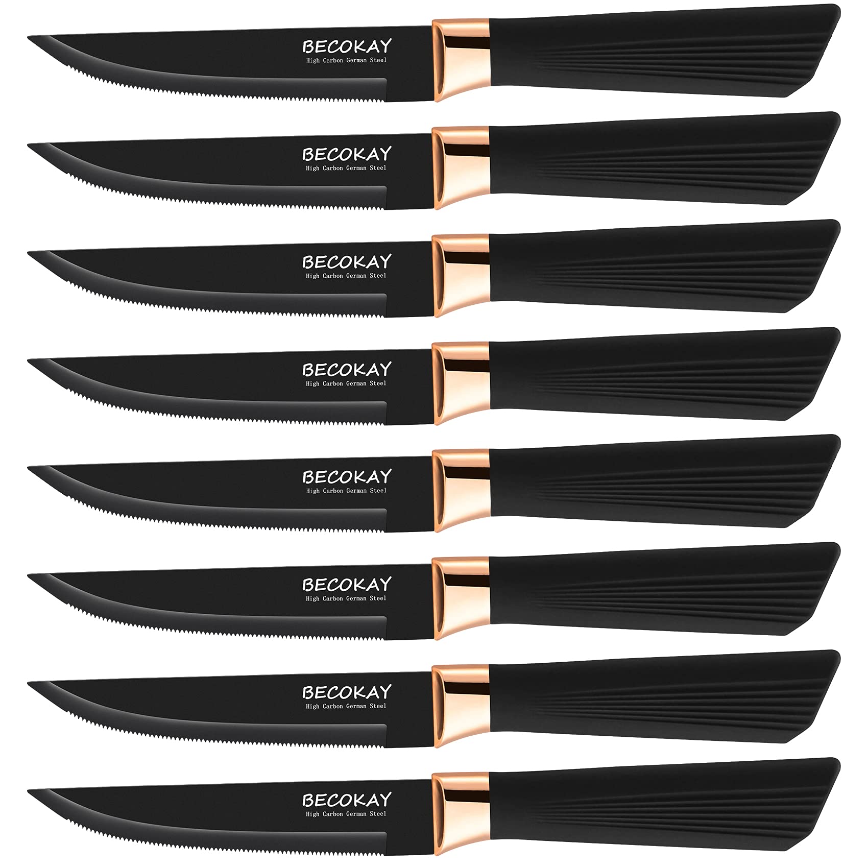 Premium 8-Piece Steak Knife Set - German Stainless Steel Serrated Blades, Ultra Sharp & Ergonomic Soft-Touch Handles (Black) - Perfect for Fine Dining, BBQ Parties & Steakhouse-Style Meals at Home