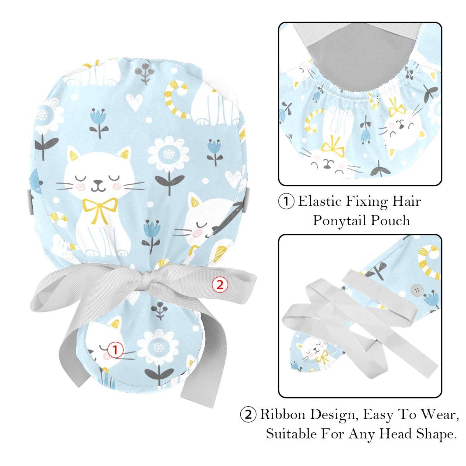 Cat Princess Heart Scrub Hats for Women & Men - 2 Pack Long Hair Surgical Caps with Button Closure & Sweatband - Unisex Tie Back Working Hats for Nurses, Doctors, Healthcare Professionals - Perfect for Hospitals, Clinics & Medical Work Environments