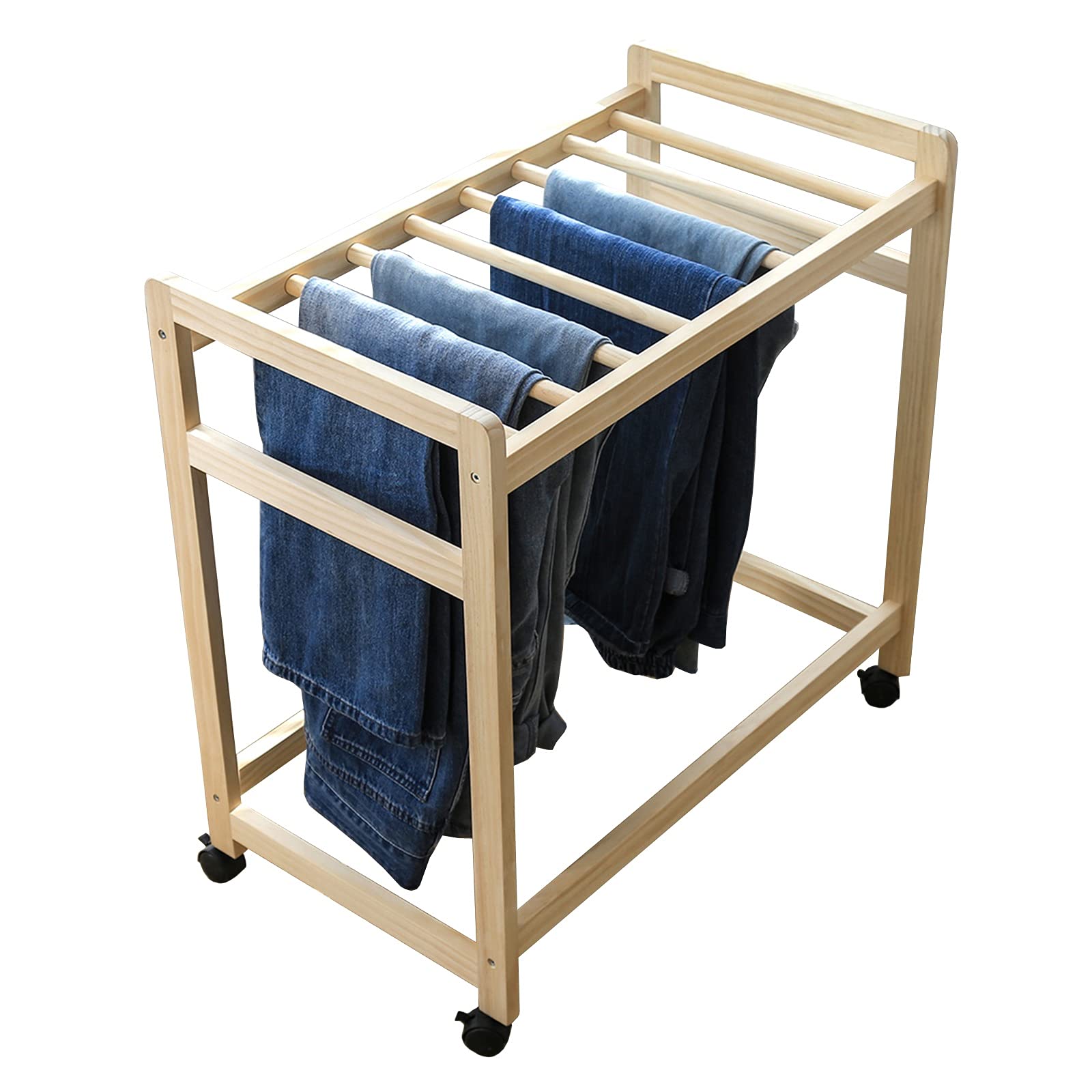 LXFA Wooden Rolling Pants Organizer with Wheels - Space-Saving Closet Storage Rack for Jeans, Ties & Scarves - Perfect for Small Closets, Bedrooms or Dorm Rooms