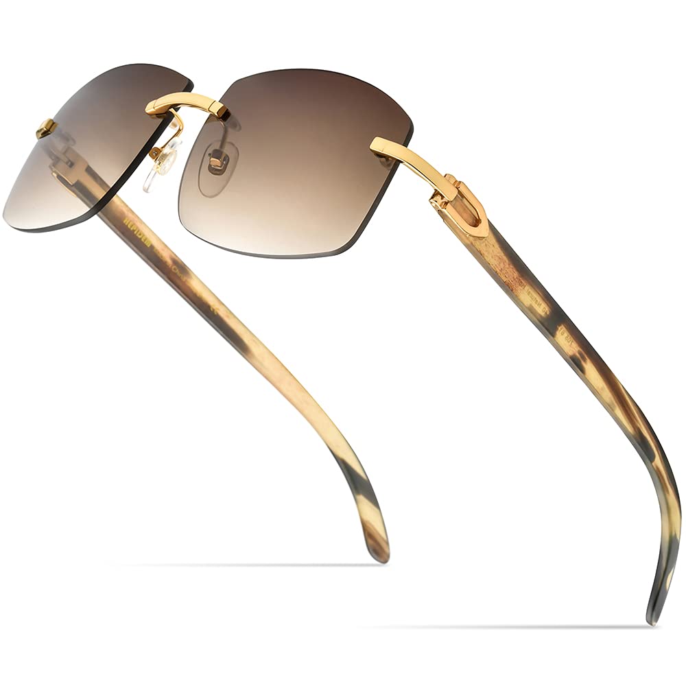 HEPIDEM 100% Genuine Buffalo Horn Sunglasses for Men - Rimless Square Frame UV Protection - Stylish Outdoor, Driving & Fashion Accessories