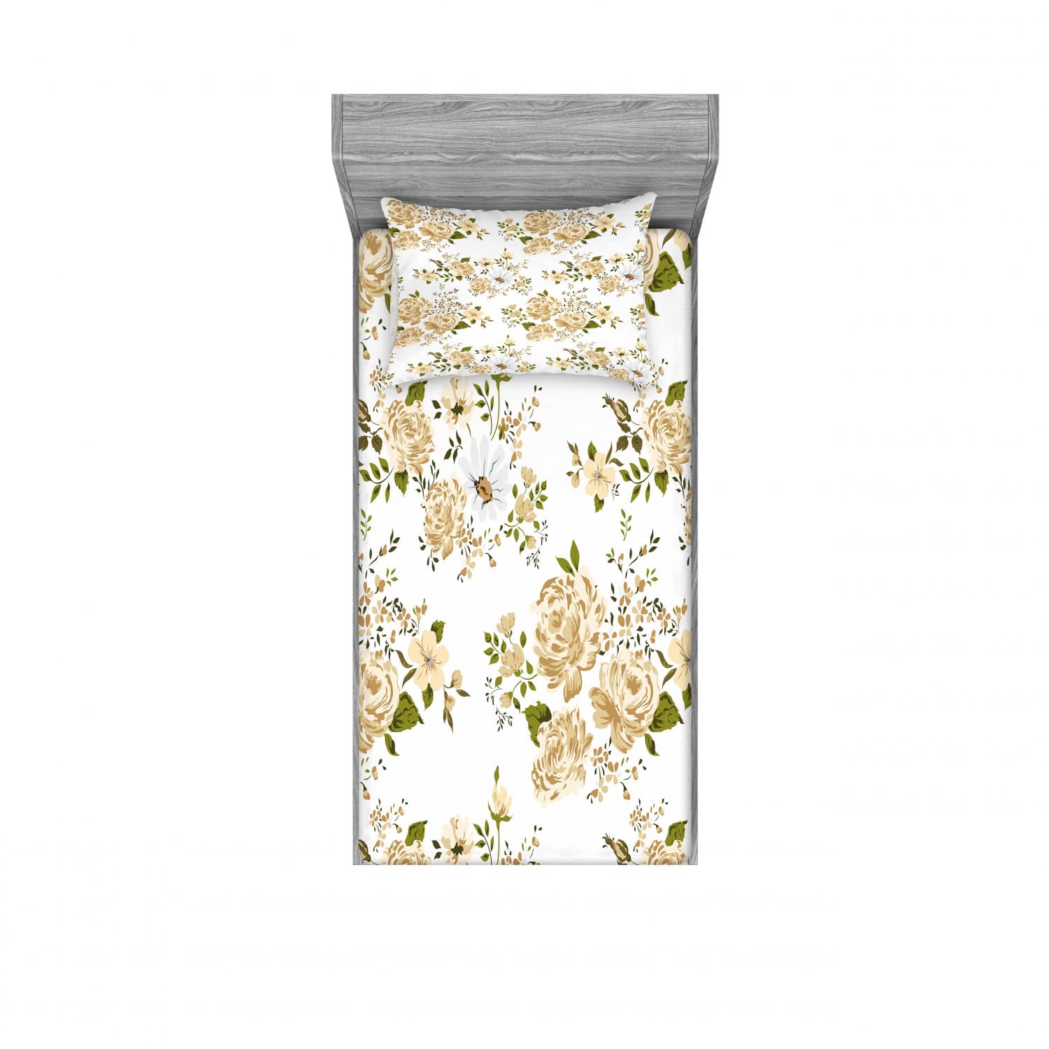 Ambesonne 2-Pack Twin Floral Rose Fitted Sheet & Pillow Sham Set - White & Beige Bedding Decor for Guest Room, Dorm, or Kids' Bedroom
