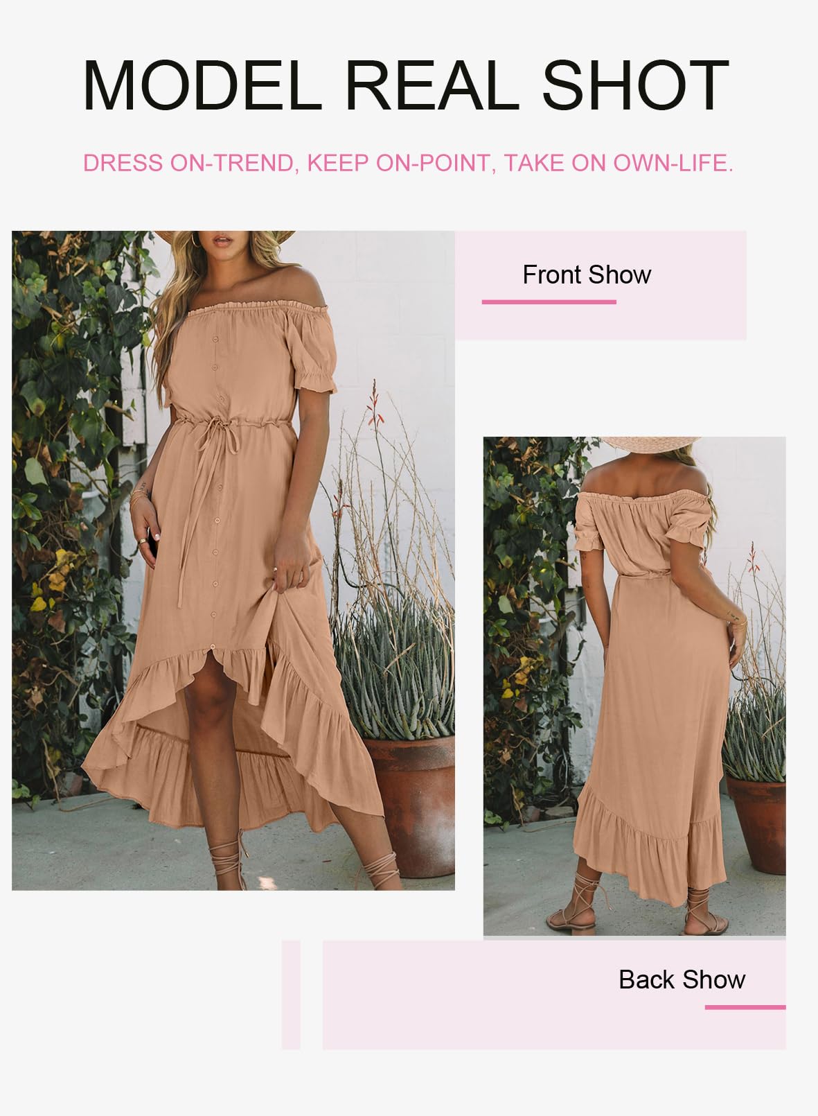 Dokotoo Women's 2025 Off-Shoulder Casual Short Sleeve High-Low Maxi Dress - Solid Color Cocktail Skater Dress for Summer Beach, Party & Vacation