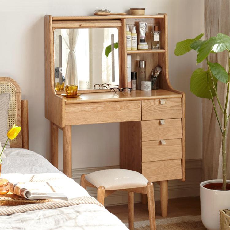 Solid Oak Wood Japanese Bamboo Curtain Dressing Table - Elegant Vanity Desk for Bedroom, Living Room, or Home Office Decor