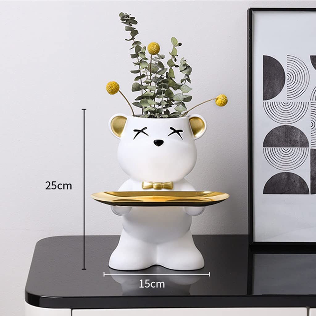 Cute Bear Figurine Vase - Resin Animal Sculpture Key & Jewelry Holder, Candy Dish Tray for Home Decor - Perfect for Living Room, Bedroom, Entryway or Desk (White)