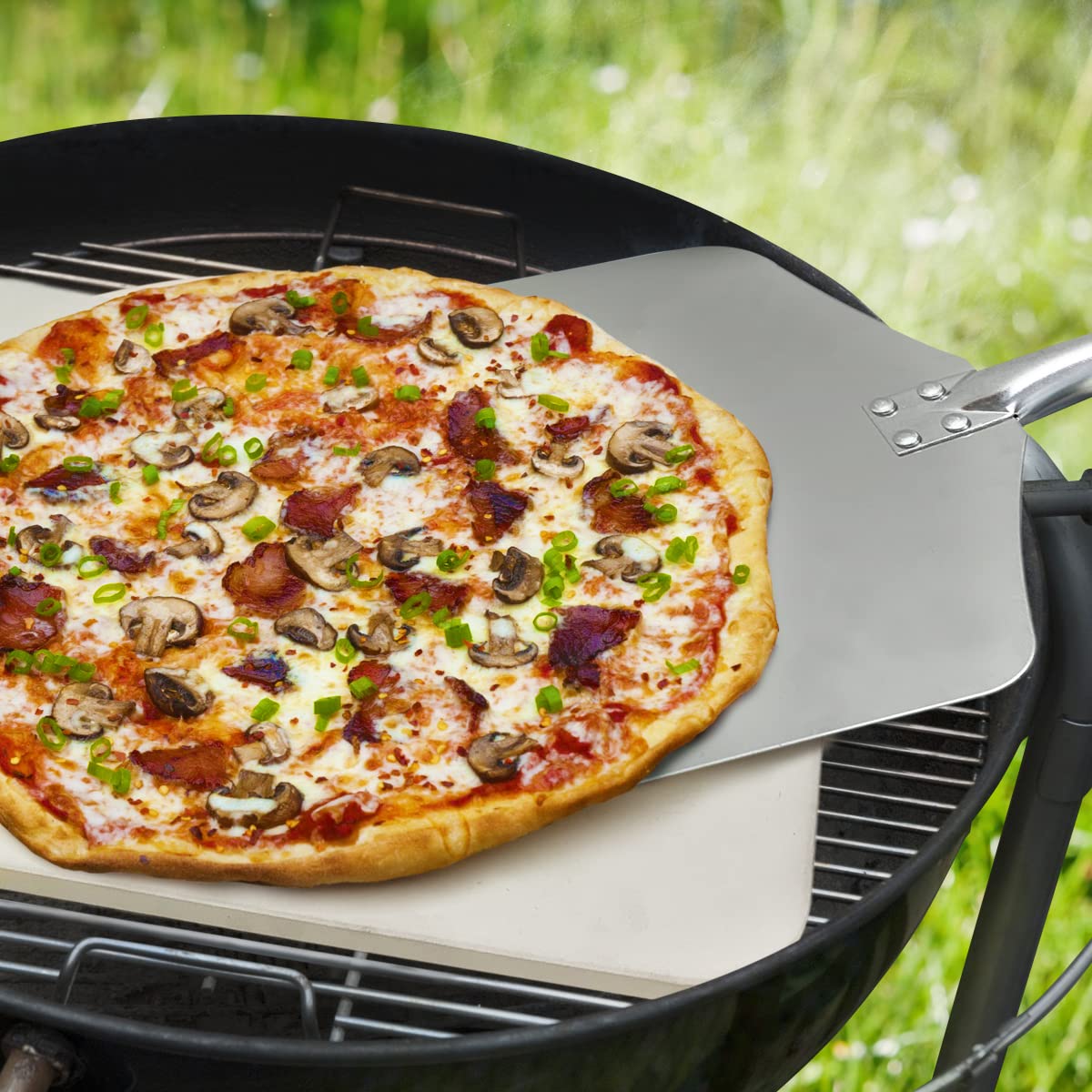 Joeji's 30 x 38cm Cordierite Pizza Stone & Aluminum Peel Set with Removable Wooden Handle - Perfect for Oven, Grill, BBQ - Ideal for Baking Bread, Pizza, Cookies & More