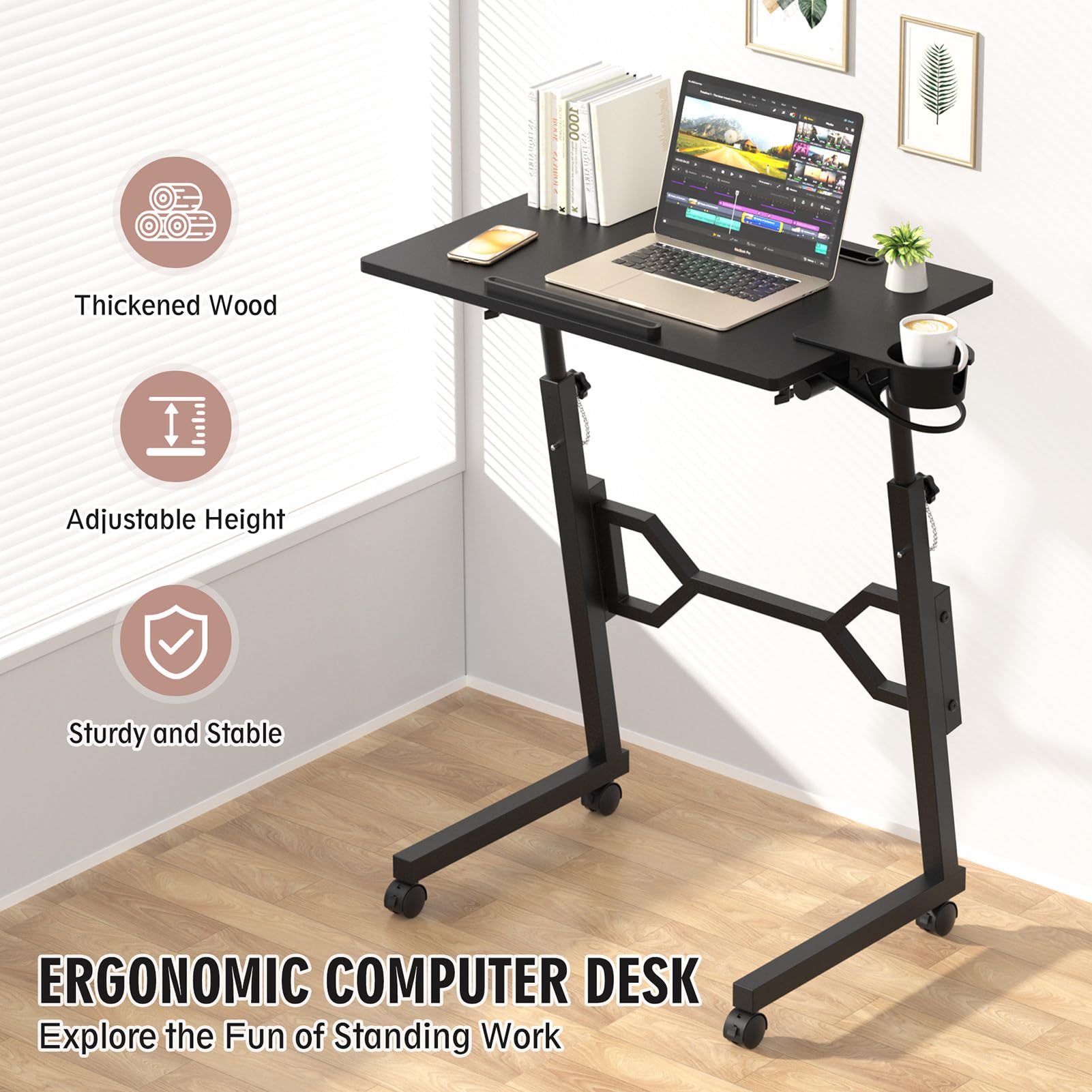 Portable Treadmill Desk with Adjustable Height & Wheels - Treadmill-Compatible Standing Desk for Laptops & Tablets - Perfect for Home Office, Work from Home & Fitness Enthusiasts