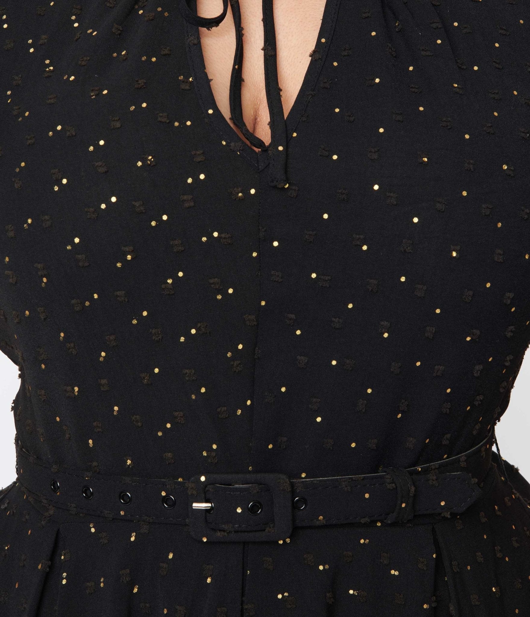 Vintage Black & Gold Polka Dot Dahlia Swing Dress - Retro 1950s Style Flared Skirt for Women - Perfect for Cocktail Parties, Weddings & Special Occasions