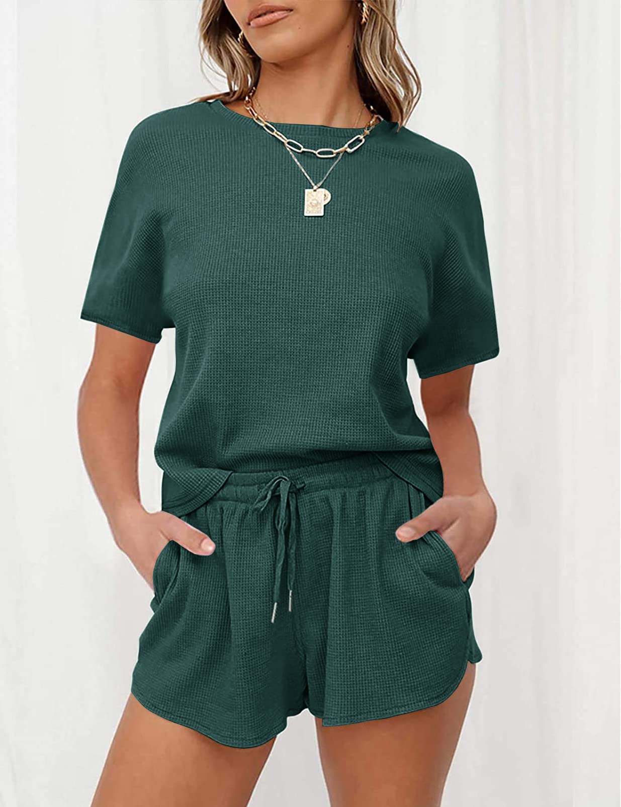 MEROKEETY Women's Short Sleeve Waffle Pajama Set - Soft Lounge Top & Comfy Shorts 2-Piece Sleepwear for Women | Perfect for Home, Vacation & Relaxing Nights