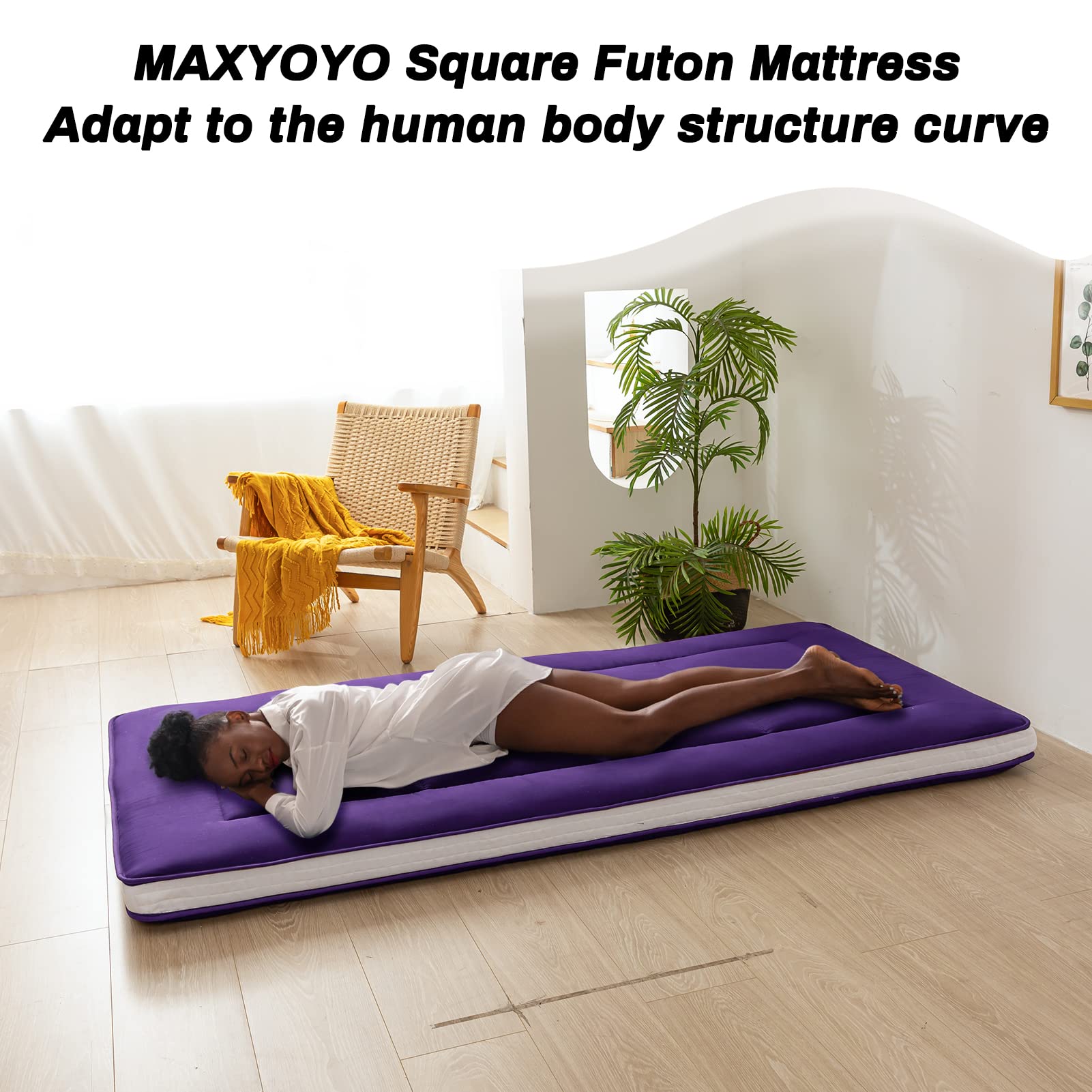 MAXYOYO Twin Bed Mattress - Japanese Floor Futon Mattress for Camping & Home Use | Foldable Portable Twin Mattress Pad Topper | Purple Single Floor Bed | Perfect for Guest Rooms, Dorms, Camping & Small Spaces