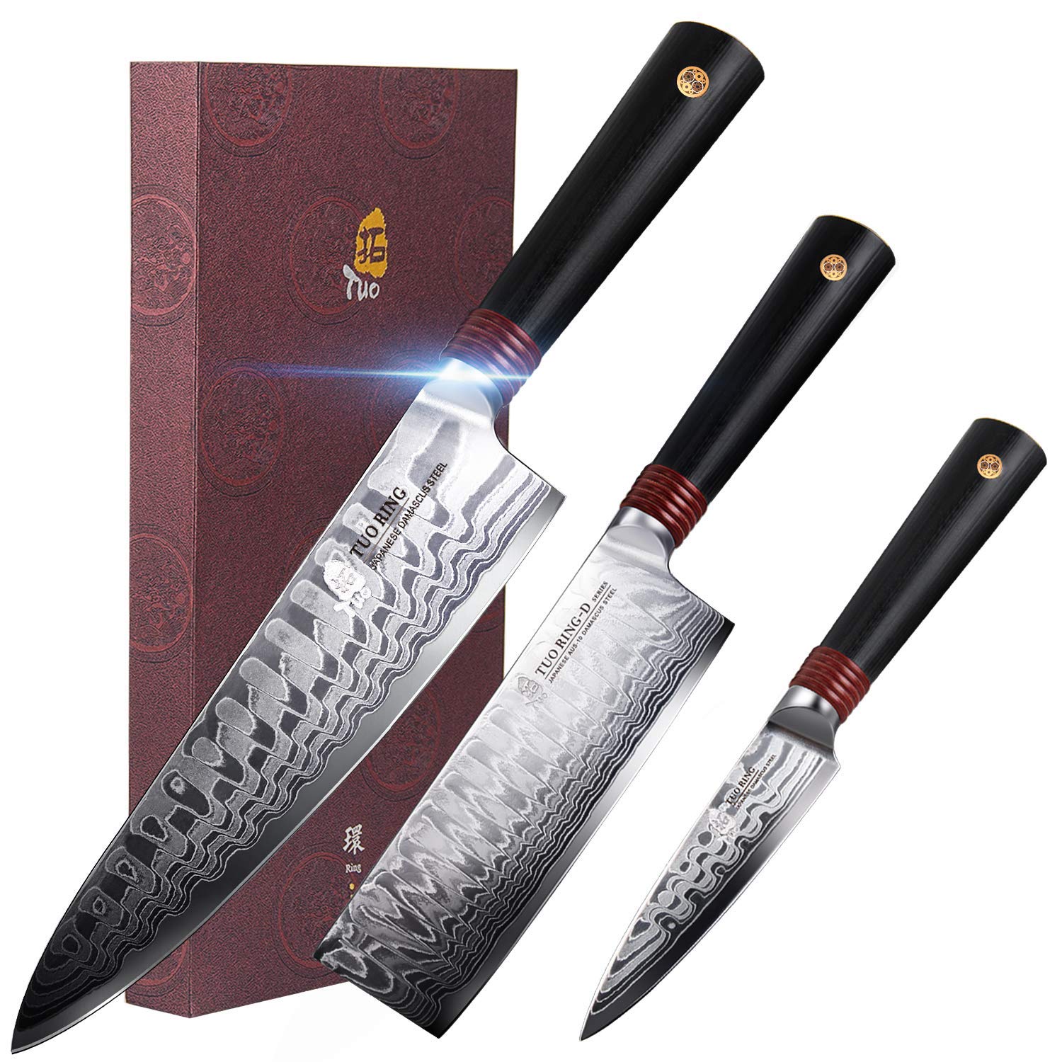 Premium TUO Damascus Kitchen Knife Set - 3-Piece Japanese AUS-10 High Carbon Stainless Steel (8