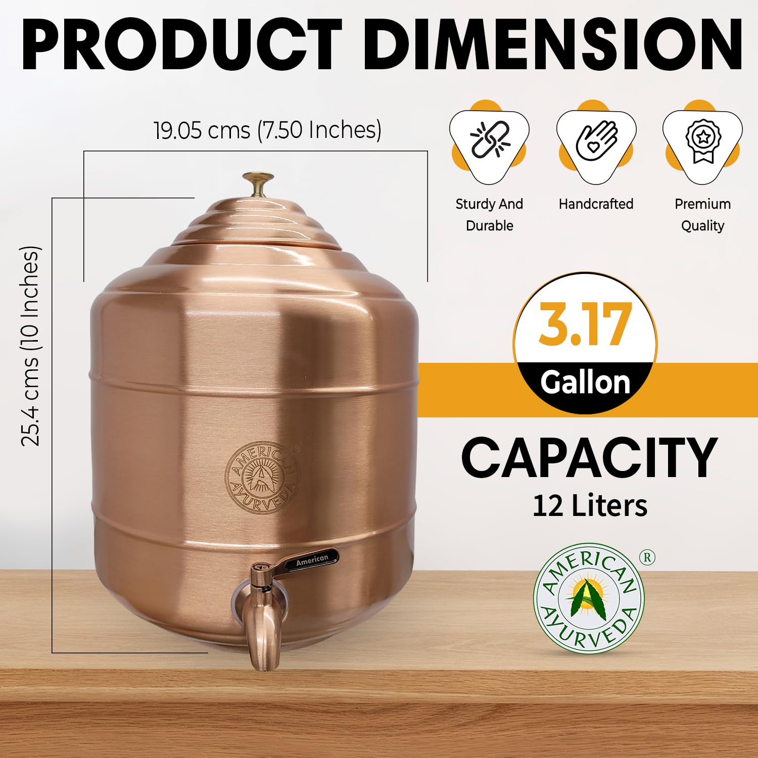 100% Pure Copper Water Dispenser Storage Tank with Stainless Steel Faucet & Lid - 3.17 Gallon (12L) Healthy Organic Water Container for Yoga, Meditation & Home Wellness