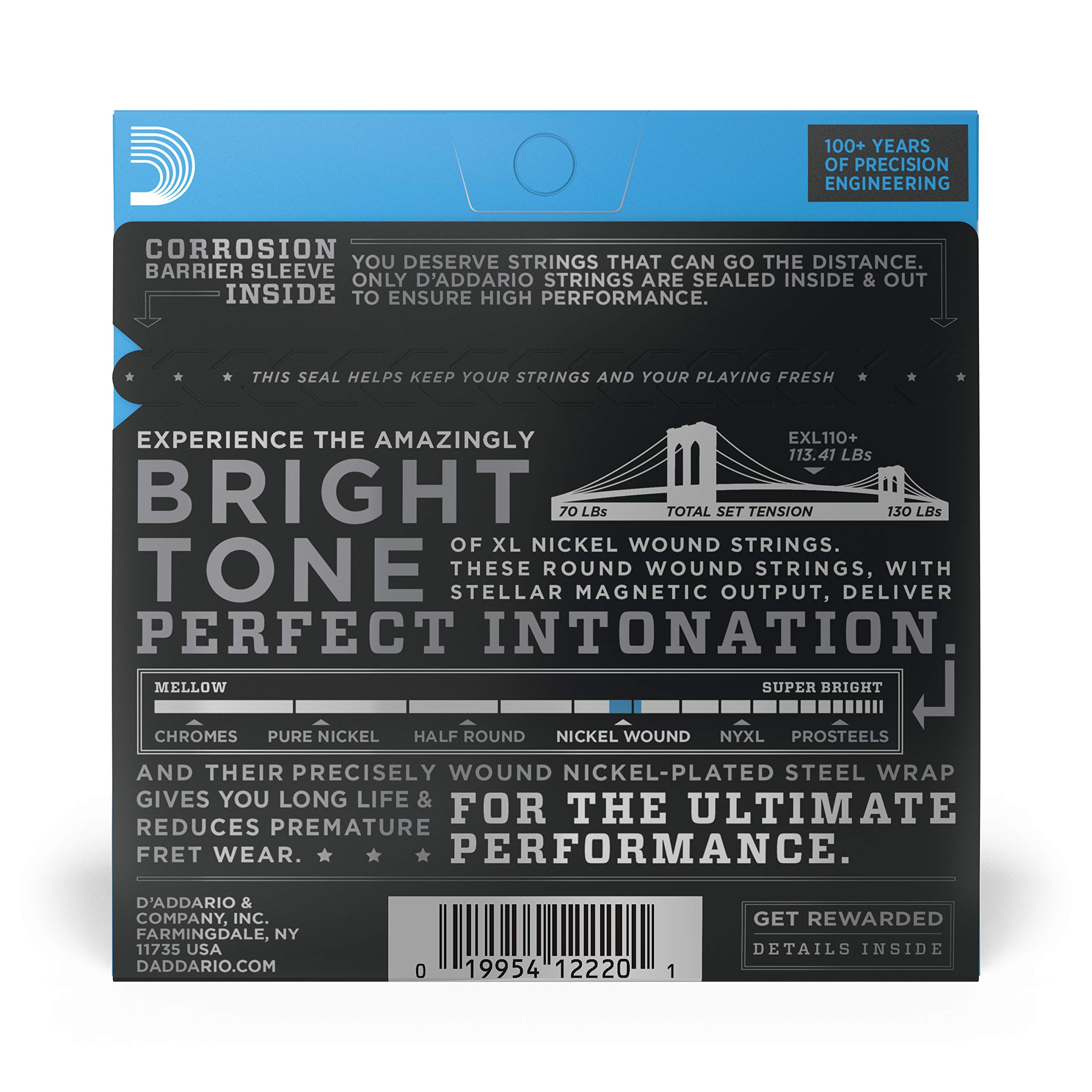 D'Addario EXL110+ XL Nickel Electric Guitar Strings - 10.5-48 Regular Light Plus - Perfect Intonation, Consistent Feel & Long-Lasting Durability for 6-String Guitars - Ideal for Rock, Blues & Studio Recording