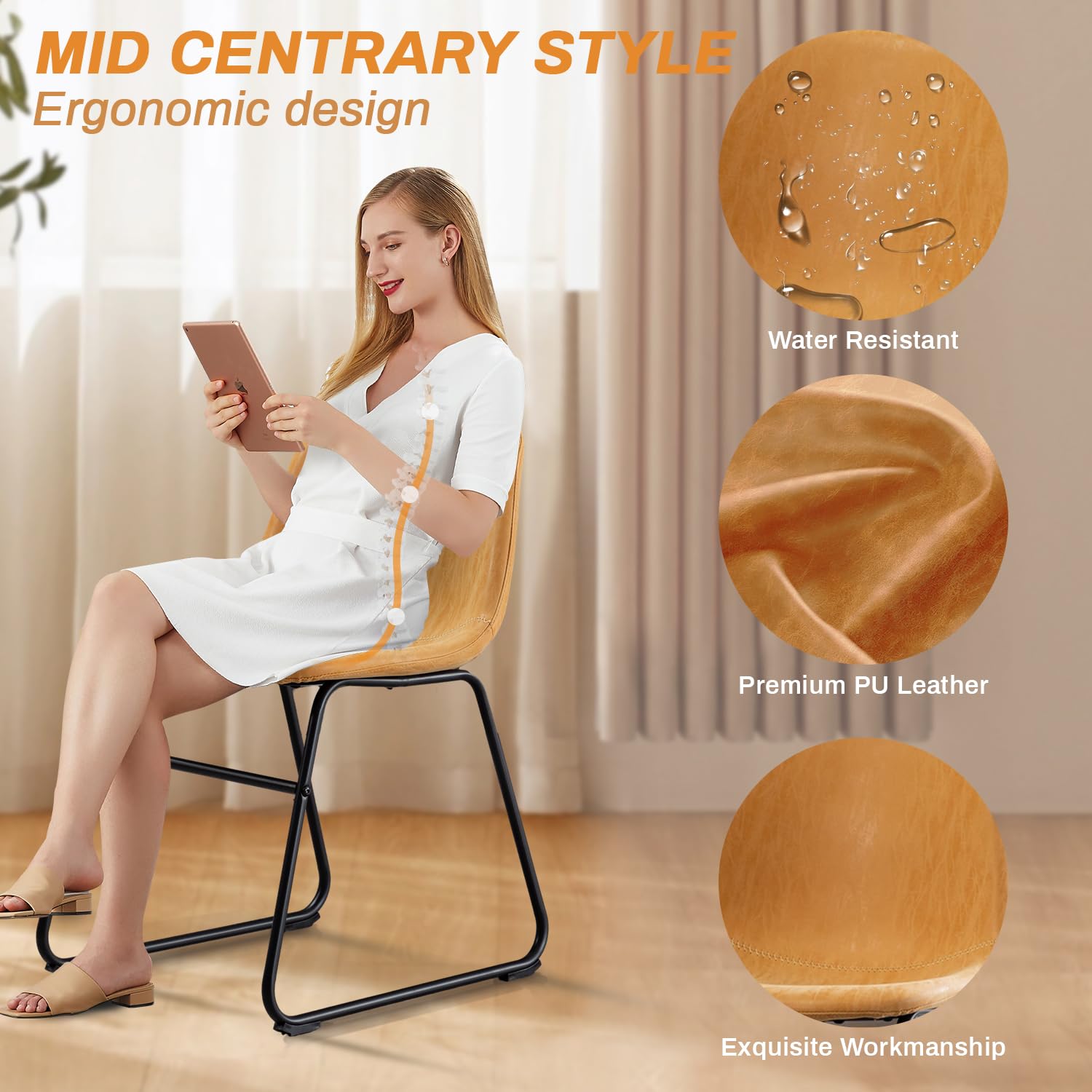 Vanity Art PU Leather Dining Chairs Set of 2 - Modern Armless Kitchen & Dining Room Chairs with Metal Legs in Yellow Tan (UC-13T) - Perfect for Small Spaces, Breakfast Nooks & Contemporary Dining Areas