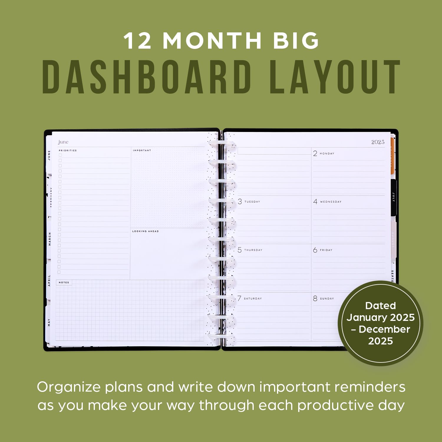 Happy Planner 2025 Disc-Bound 12-Month Planner - Daily Weekly Monthly Organizer with Dashboard Layout, 72 Pages, 12 Dividers & 2 Sticker Sheets - 8.5
