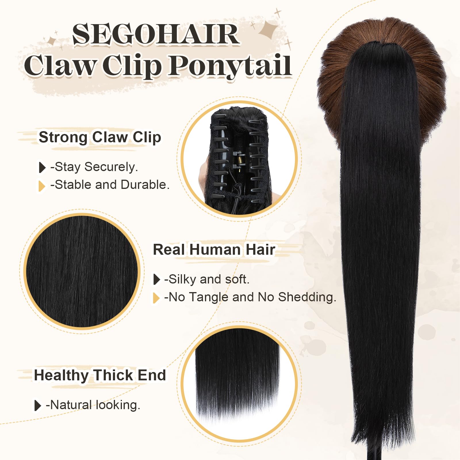 Natural Human Hair Ponytail Extension with Secure Claw Clip - Soft 14-22 Inch Hairpiece for Women in Jet Black (20