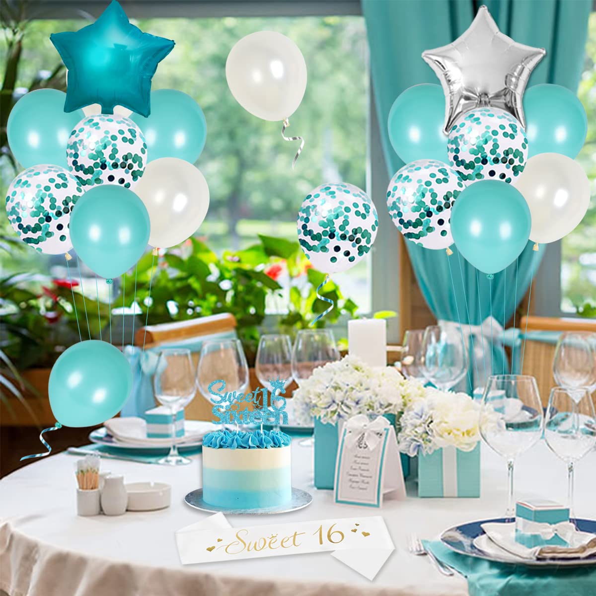 Sweet 16 Birthday Party Decorations for Girls - Teal & Turquoise Happy Birthday Banner, Sash, Cake Topper, Fringe Curtains & Number 16 Balloons | 16th Birthday Party Supplies for Teen Girls, Sweet Sixteen Decorations (Perfect for Birthday Parties, Photo Booths & Celebrations)