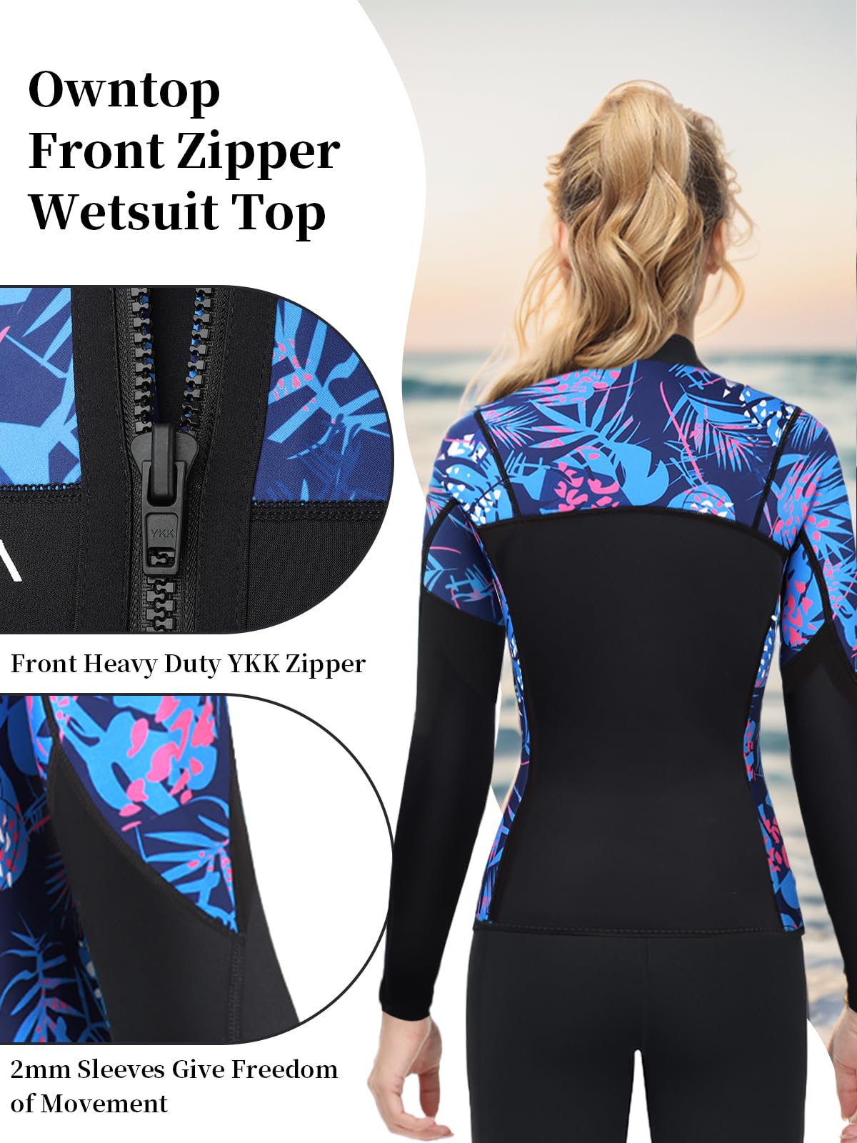 Owntop 2MM Neoprene Wetsuit Top for Women & Men - Long Sleeve YKK Front Zip - Flexible Comfort for Surfing, Diving, Swimming & Water Sports - Perfect for Beach Activities, Snorkeling and Cold Water Protection