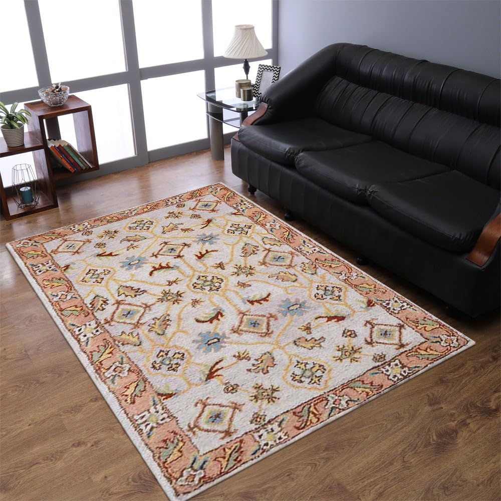 Hand Tufted Wool Eco-Friendly Area Rugs 6x9 Feet - Rectangle Cream & Brown Oriental Traditional Design, High Pile Thick Handmade Non-Slip Rug for Living Room, Bedroom, Dining Room (K00721)