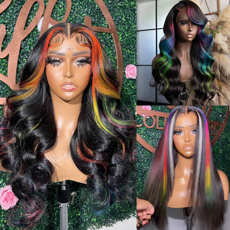 Eullair Multi-Colored Straight Human Hair Wig - Pink, Purple, Blue, Green Body Wave Lace Frontal Wigs with Pre-Plucked 180% Density | Perfect for Cosplay, Halloween, Parties & Daily Fashion
