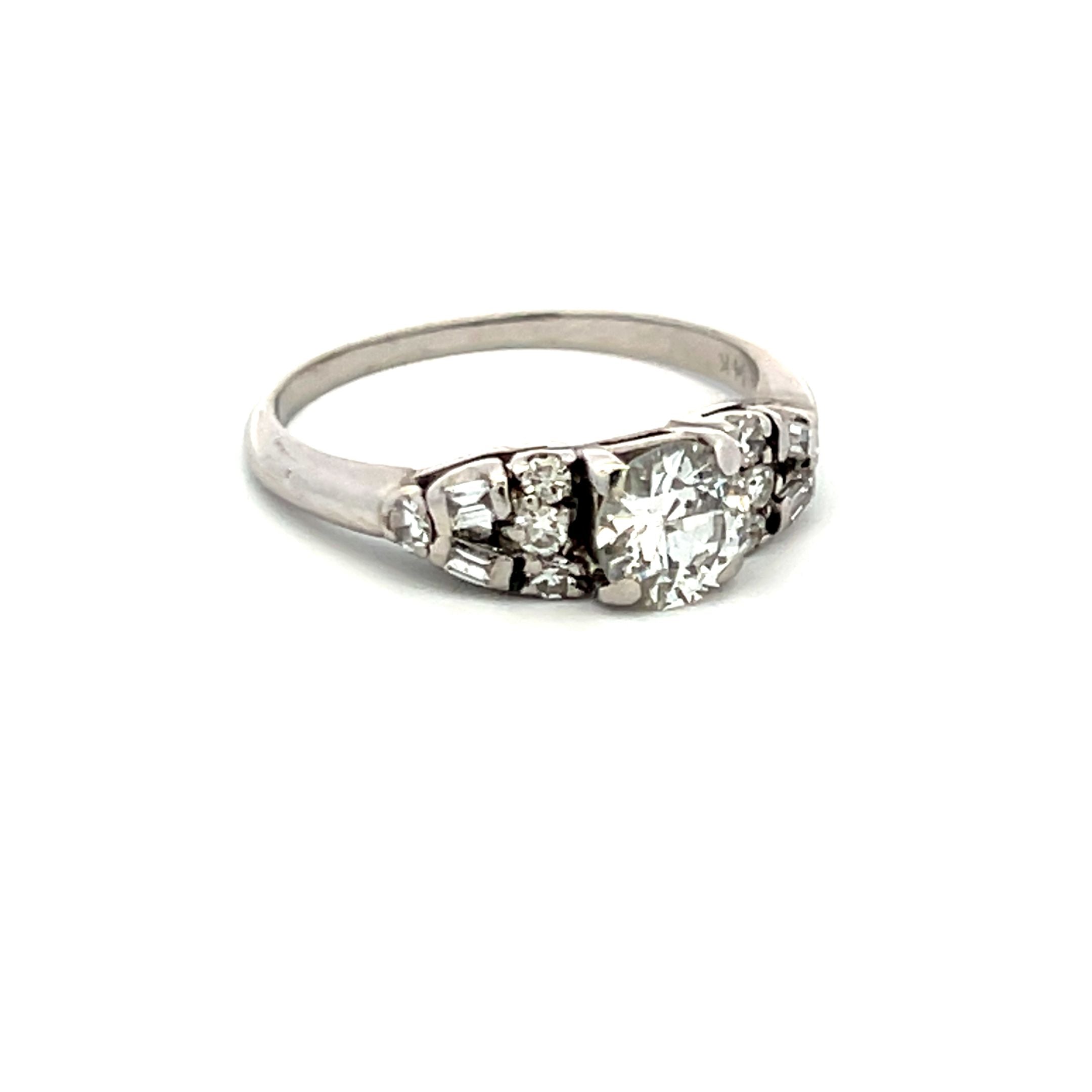 1.07 Carat Old European Cut & Baguette Diamond Art Deco Ring in 14K White Gold - Vintage Engagement Ring, Wedding Band, Anniversary Gift for Her