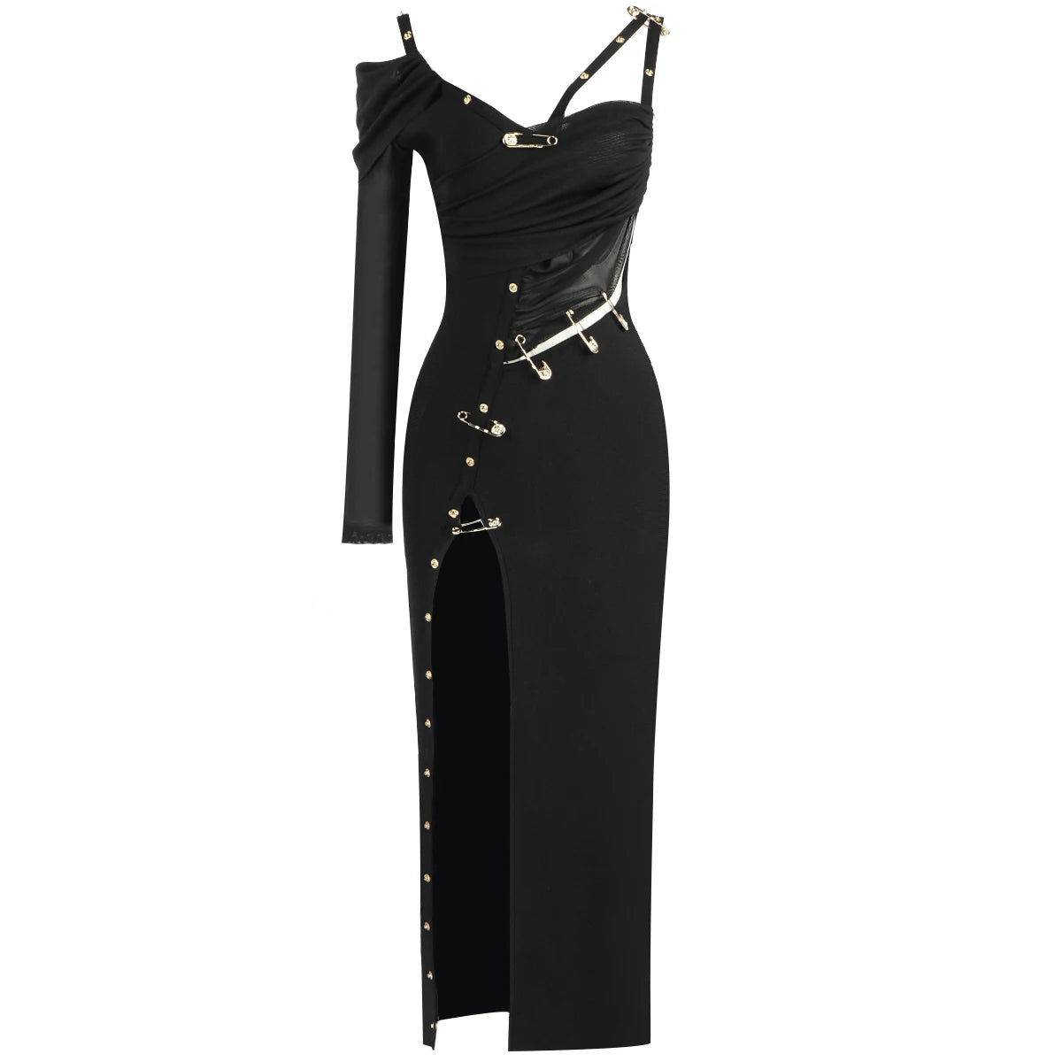 Elegant Black Long Sleeve One Shoulder Rayon Bandage Dress for Women - Sexy Bodycon Cocktail Party Dress with High Slit | Perfect for Night Out, Club, Date Night and Special Occasions