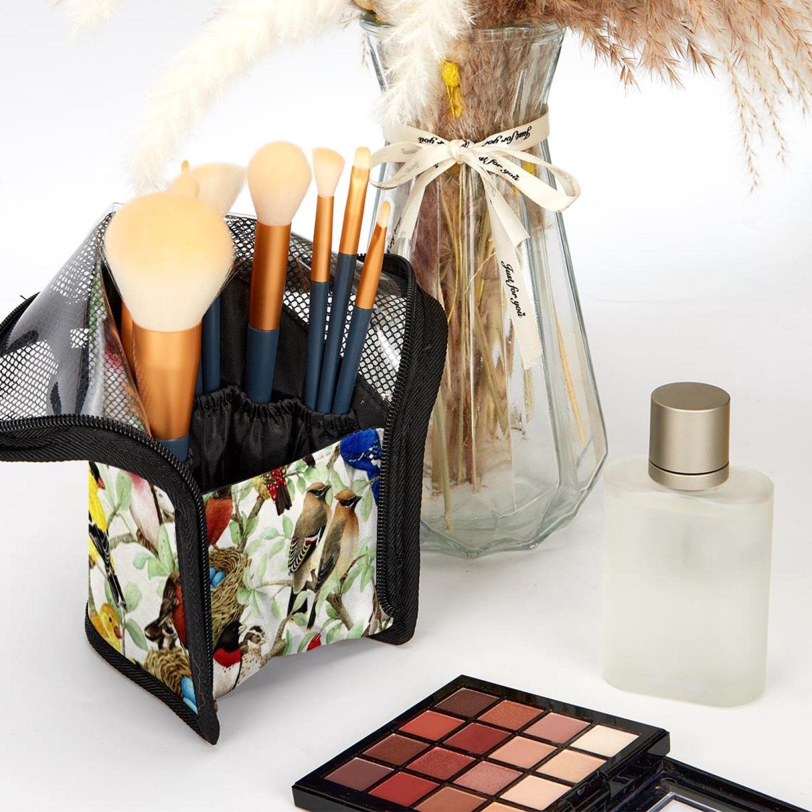 Premium Makeup Brush Organizer Bag with 12 Brushes - Seamless Plant & Birds Design, Portable Cosmetic Brush Holder Case for Travel & Home Storage