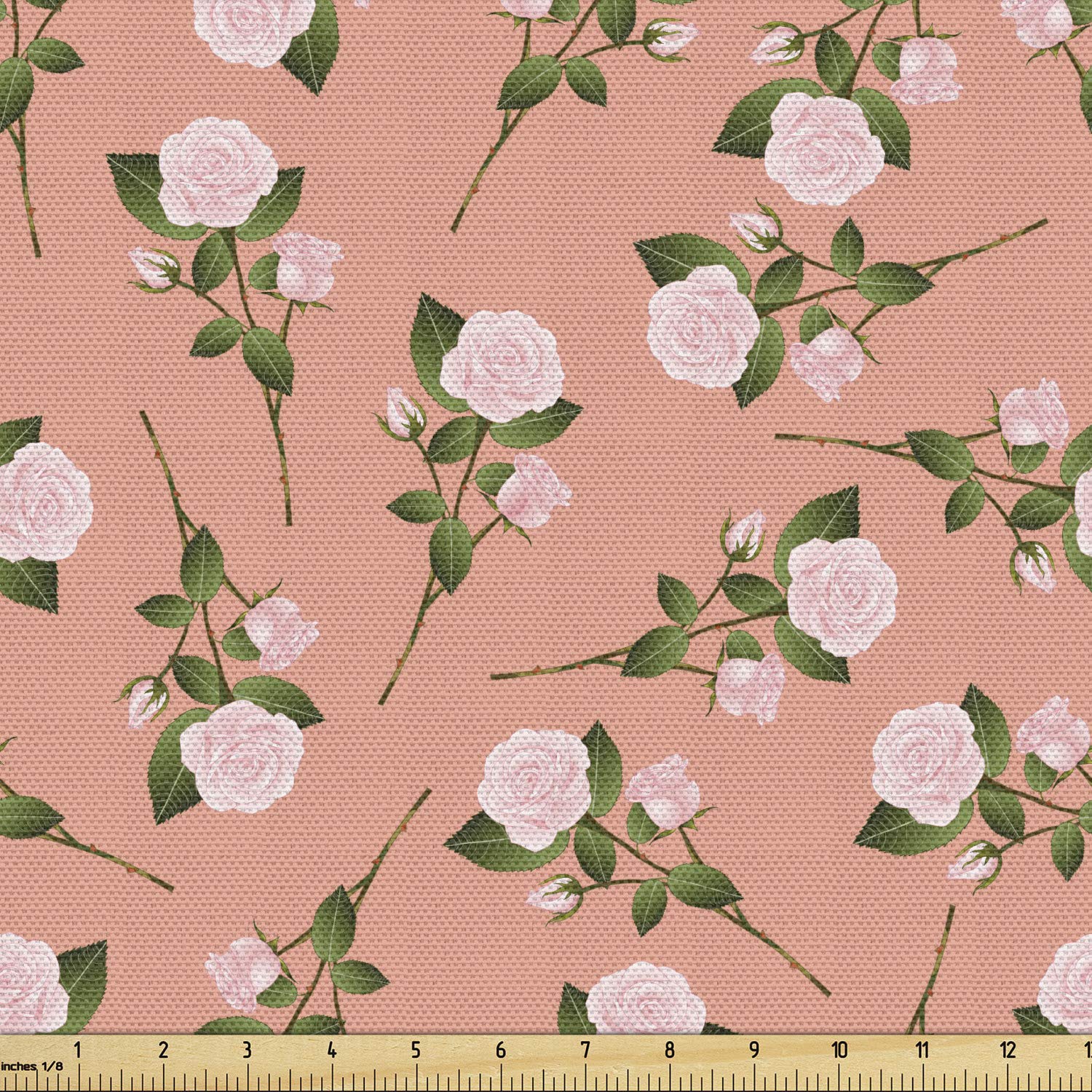 Ambesonne Floral Fabric by The Yard - Vintage Rose Flowers with Thorns Bouquet Pattern in Olive Green & Peach | Decorative Upholstery Fabric for Sofa, Curtains & Home Decor | Perfect for DIY Crafts, Pillow Covers & Table Runners