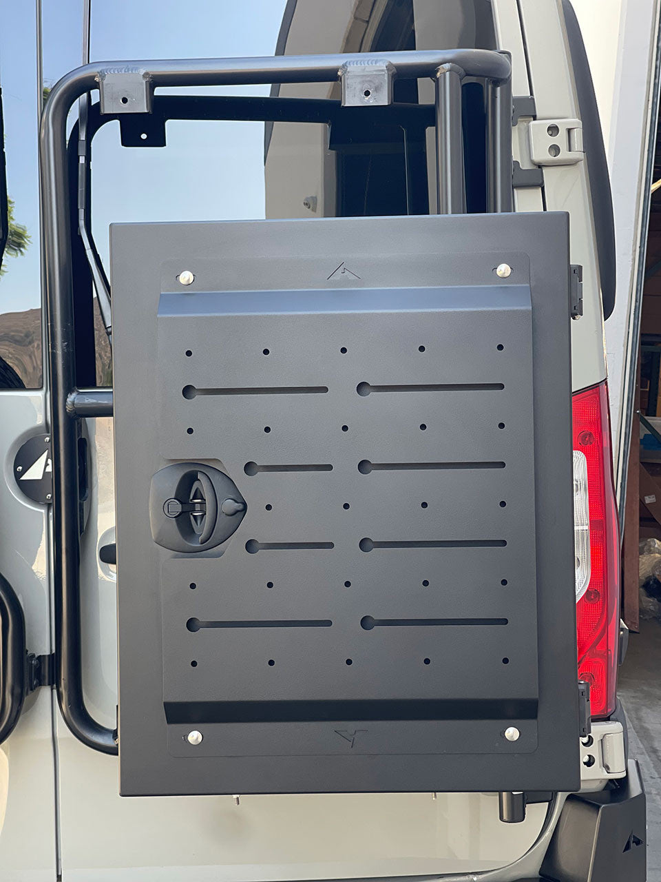 Aluminess Rear Door Tire & Box Carrier for Mercedes Sprinter Van (2019-2023) - Heavy Duty Off-Road Accessory for Adventure & Overlanding