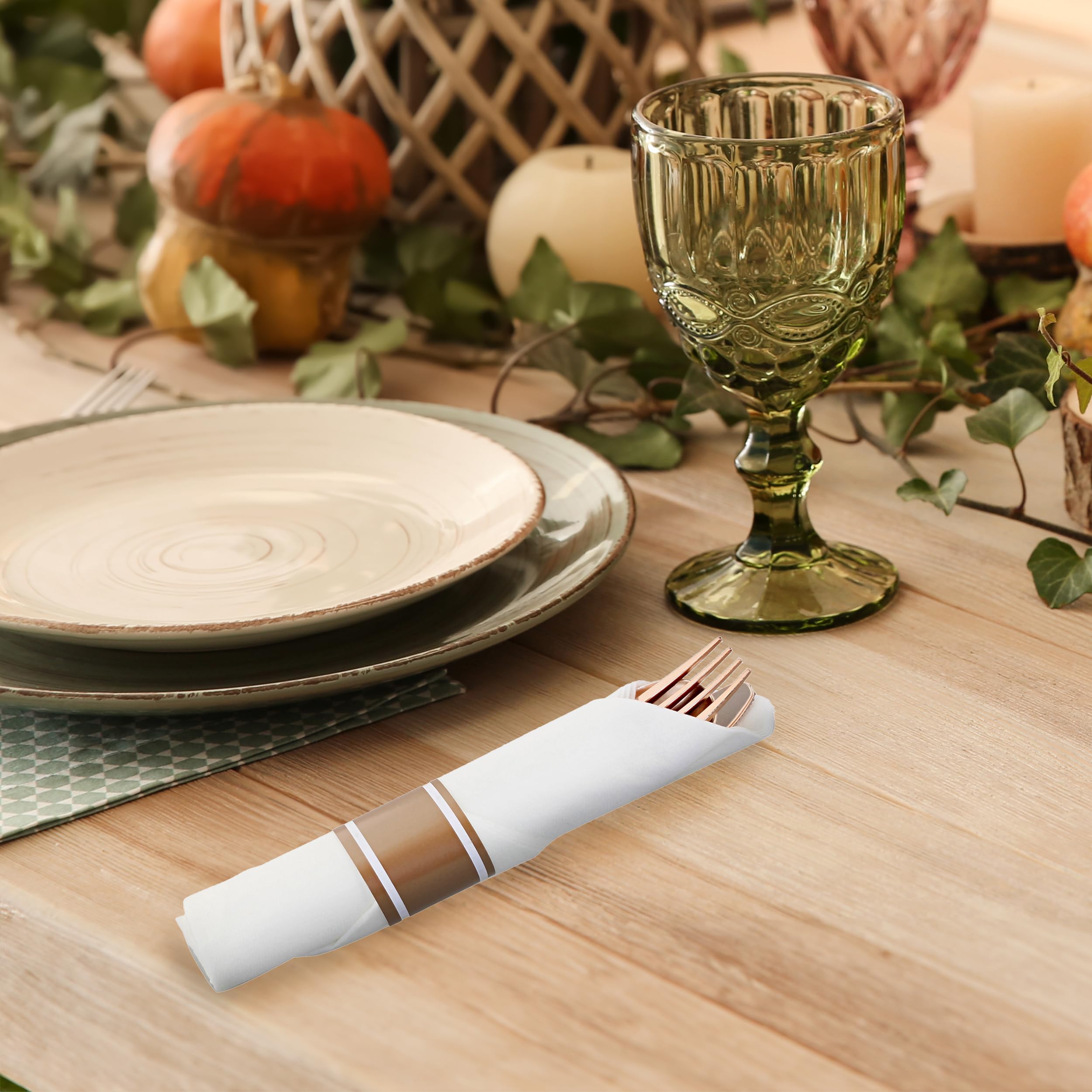 Rose Gold Disposable Silverware Sets for Weddings & Parties - 60-Piece Pre-Rolled Cutlery with Napkins | Elegant Plastic Utensils for Anniversaries, Events & Special Occasions | Perfect for Catering, Picnics & Formal Dinners