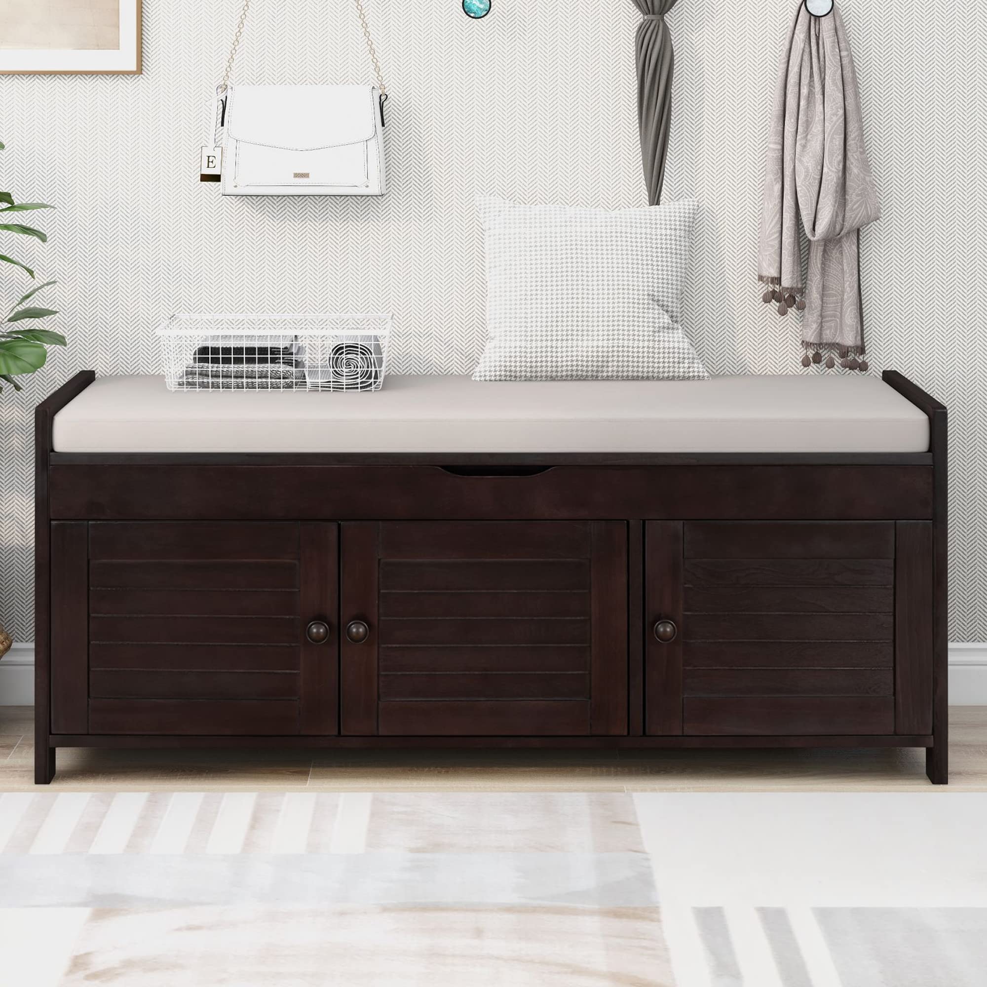 P PURLOVE Wooden Storage Bench with 3 Shutter Doors - Shoe Bench with 2-Size Storage Space, Removable Cushion & Hidden Compartment - Perfect for Living Room Entryway, Hallway, Bedroom & Mudroom Organization