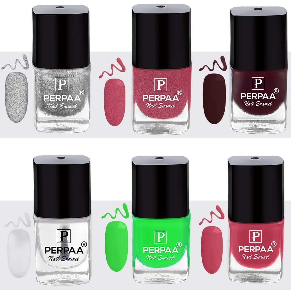 PERPAA® 6-Pack Gel Nail Polish Set - Quick Drying, Long-Lasting, Chip Resistant (Silver, Glitter Pink, Maroon, Clear, Light Green, Light Pink) | Perfect for Home Manicures, Nail Salons & Special Occasions