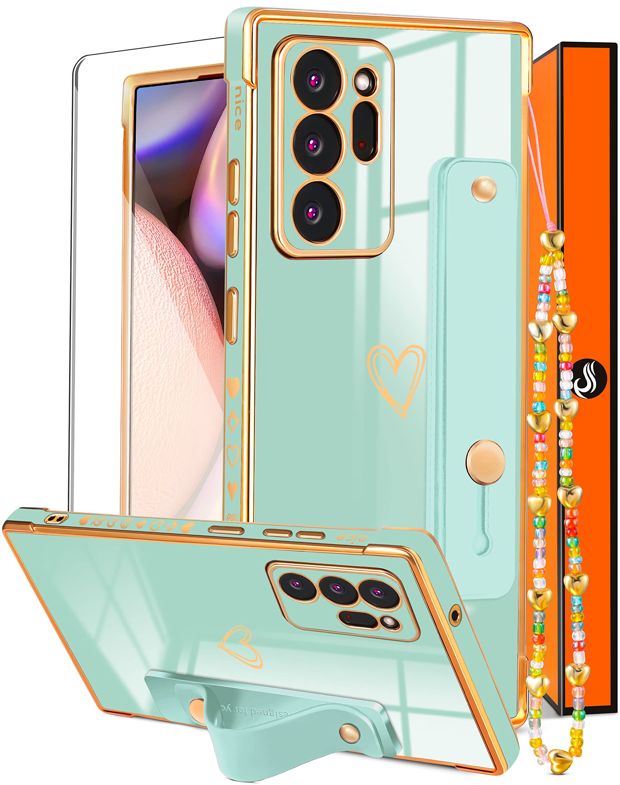 3-in-1 Luxury Samsung Galaxy Note 20 Ultra Case for Women - Cute Girly Aesthetic with Heart Design, Gold Plating & Matching Chain (Mint Green) - Trendy Protective Phone Cover with Screen Protector & Wrist Strap - Perfect for Everyday Use, Gift Giving & Fashion Accessories