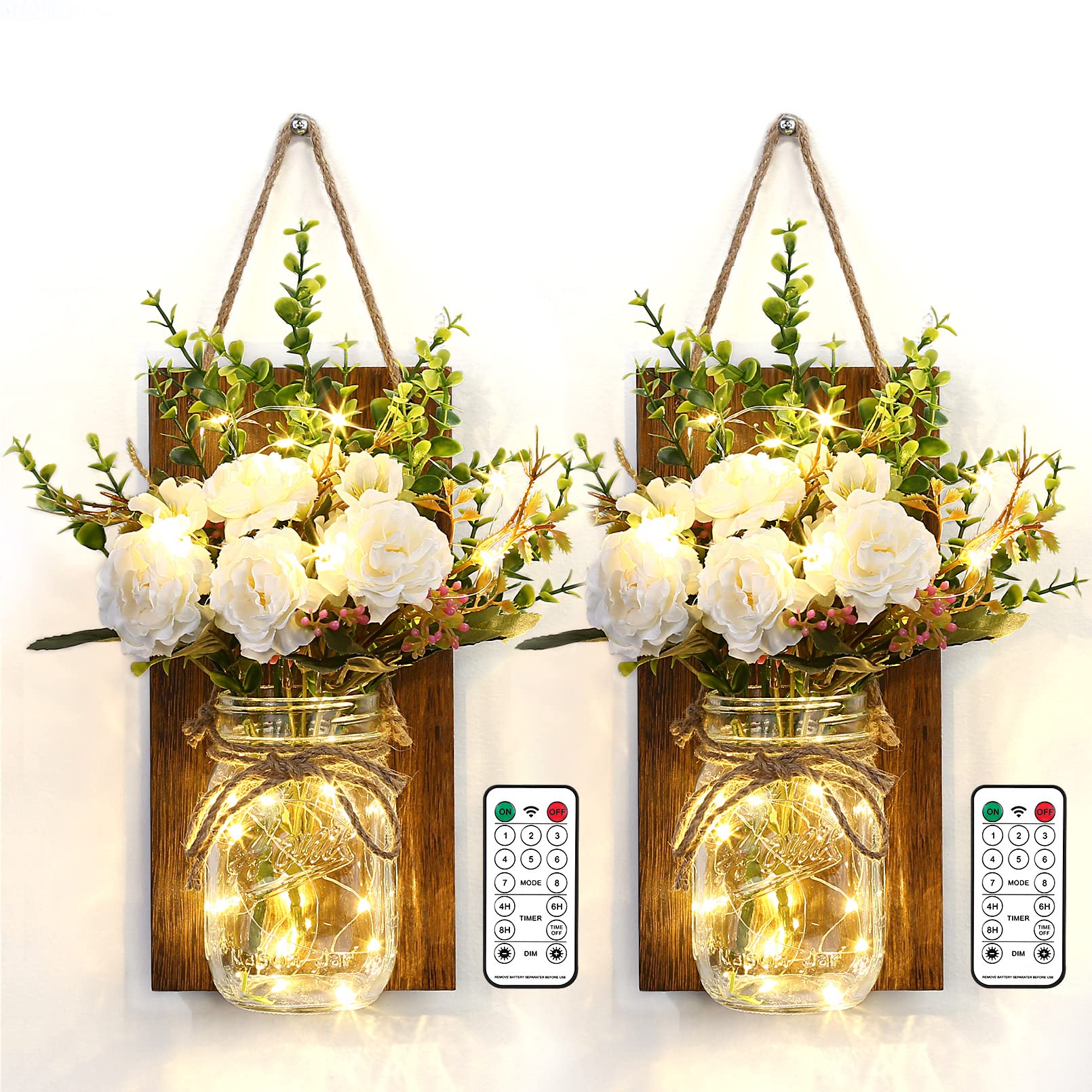 Lightess Mason Jar Wall Sconces with Remote Control - Rustic LED Fairy Lights with White Roses (Set of 2) - Farmhouse Decor for Dining Room, Living Room, Bedroom & Patio - Perfect for Romantic Ambiance, Wedding Decor and Cozy Home Lighting