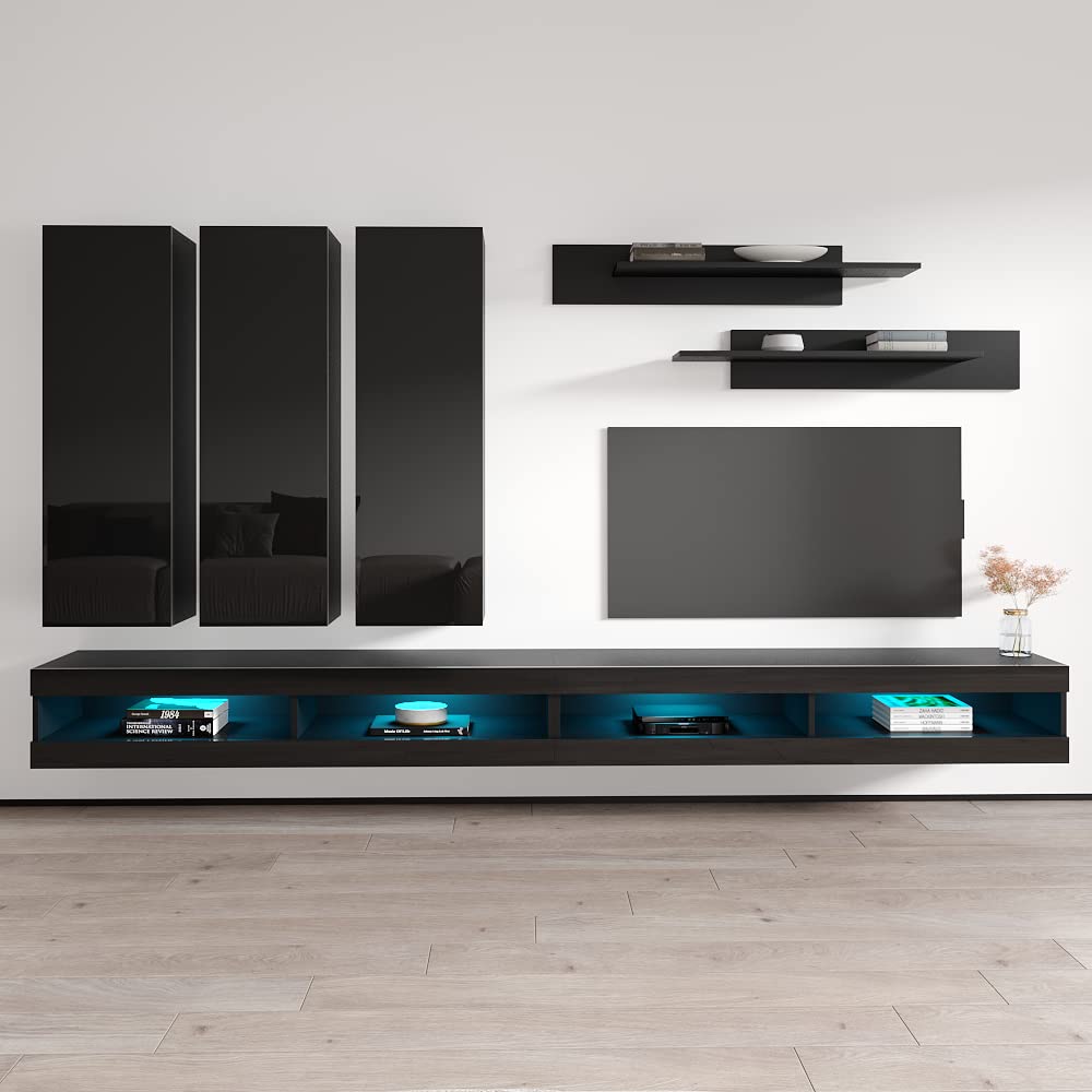 Modern Floating TV Stand with Storage & LED Lights - Wall Mounted Entertainment Center for Bedroom & Living Room - E1 34