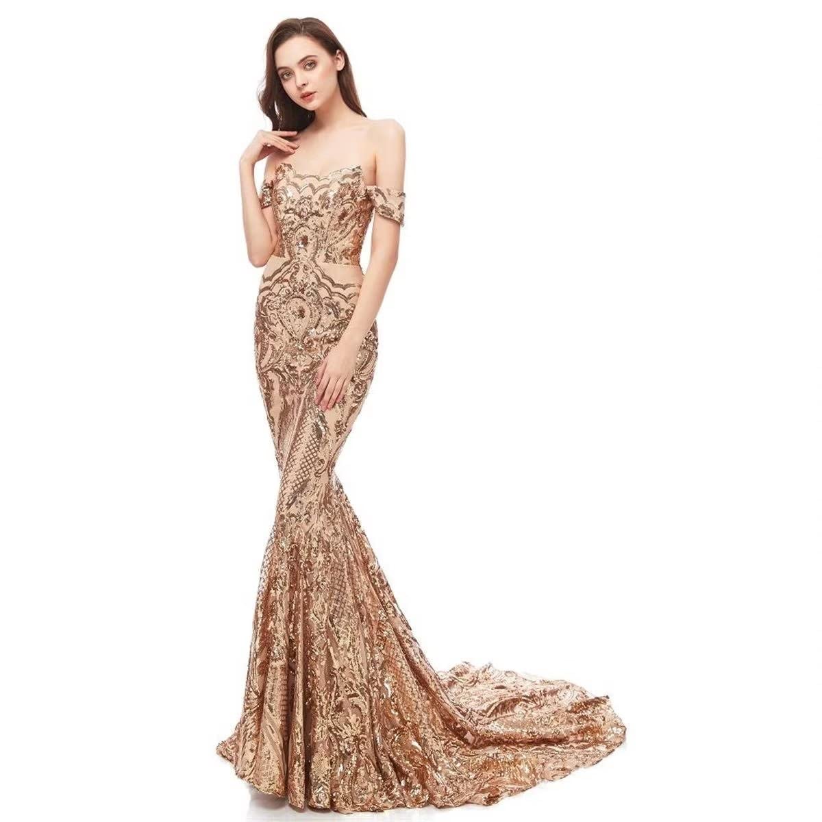 Elegant Women's Tulle Sequin Off-Shoulder Mermaid Gown - Long Backless Evening Dress for Cocktail Party, Prom, Pageant & Special Occasions