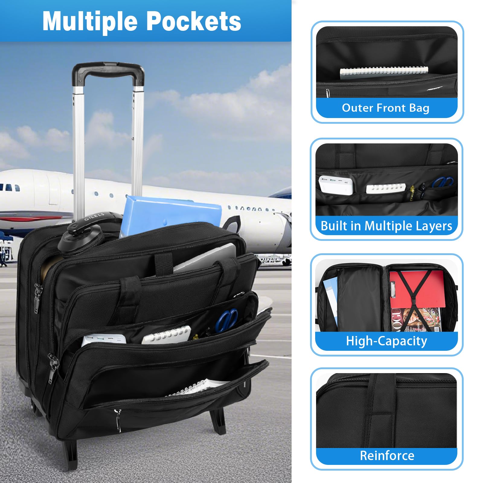 GMAK 16.5 Inch Rolling Laptop Bag for Women & Men - Wheeled Briefcase with Removable Trolley, Durable Computer Bag for Work, Business, Travel, Overnight Trips, and Carry-On Convenience, Black