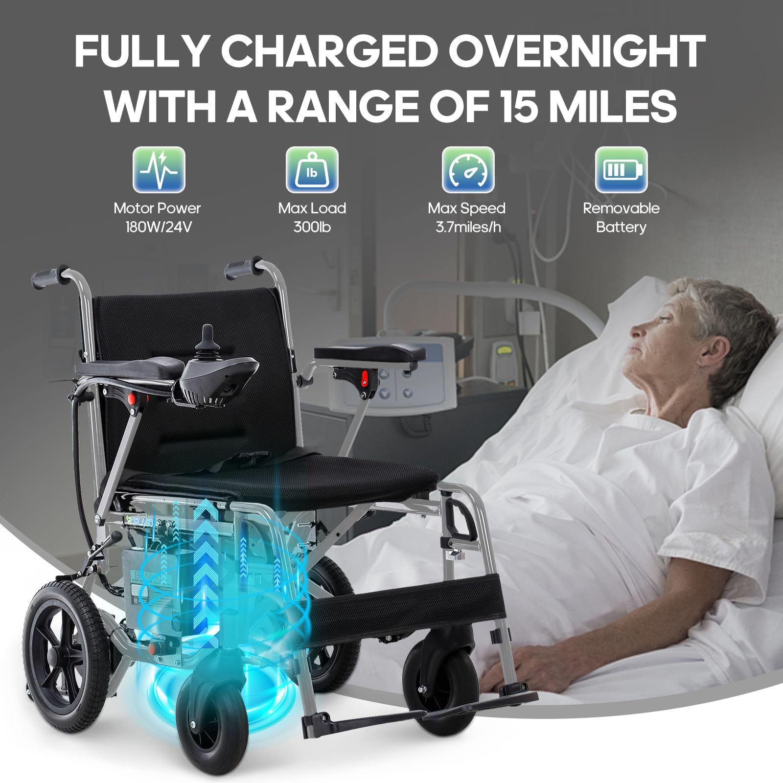 Lightweight Foldable Electric Wheelchair for Adults & Seniors - Dark Grey Power Motorized Wheelchair with Comfortable Seat - Perfect for Indoor/Outdoor Use, Travel & Daily Mobility