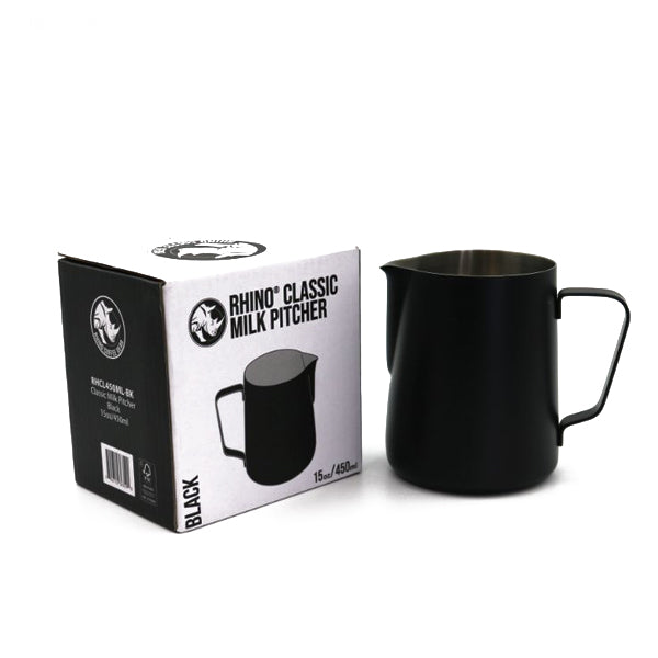 Premium Rhino Classic Milk Frothing Pitcher 450ml (15oz) - Barista-Grade Stainless Steel Milk Jug for Perfect Latte Art & Cappuccino Foam - Ideal for Home & Professional Coffee Shops, Cafes, and Espresso Bars