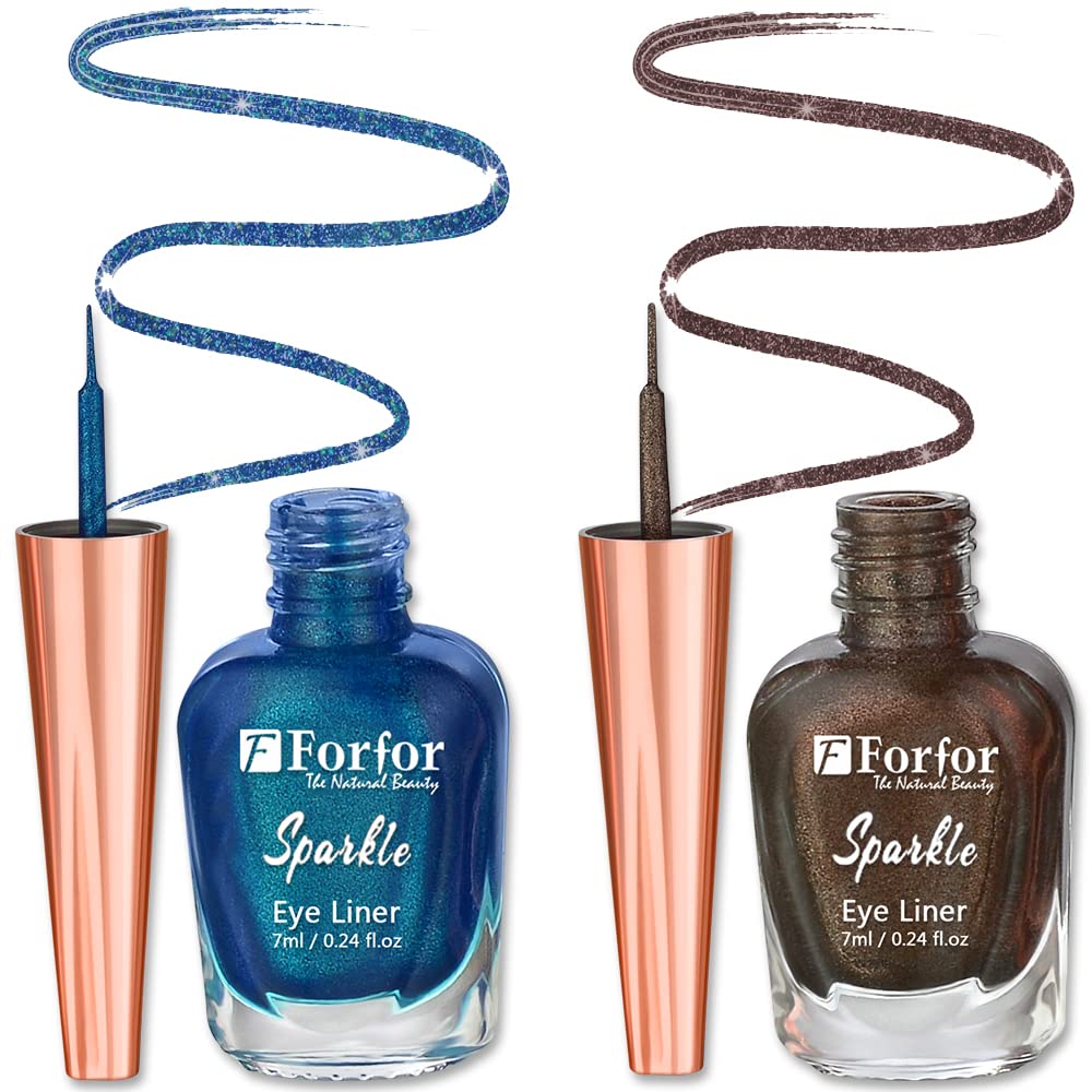 FORFOR Sensational Liquid Glitter Eyeliner - Smudge Proof & Waterproof - 7ml Each (2-Pack, Brown & Royal Blue) - Perfect for Party Makeup, Night Out & Festival Looks