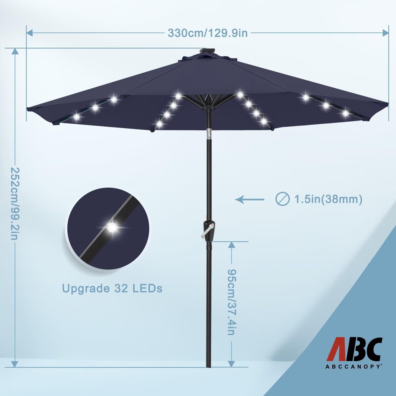ABCCANOPY 11FT Solar LED Patio Umbrella with 32 LED Lights - Durable Outdoor Shade Canopy for Garden, Poolside & Backyard (Navy Blue) | Weather-Resistant & Auto On/Off at Night